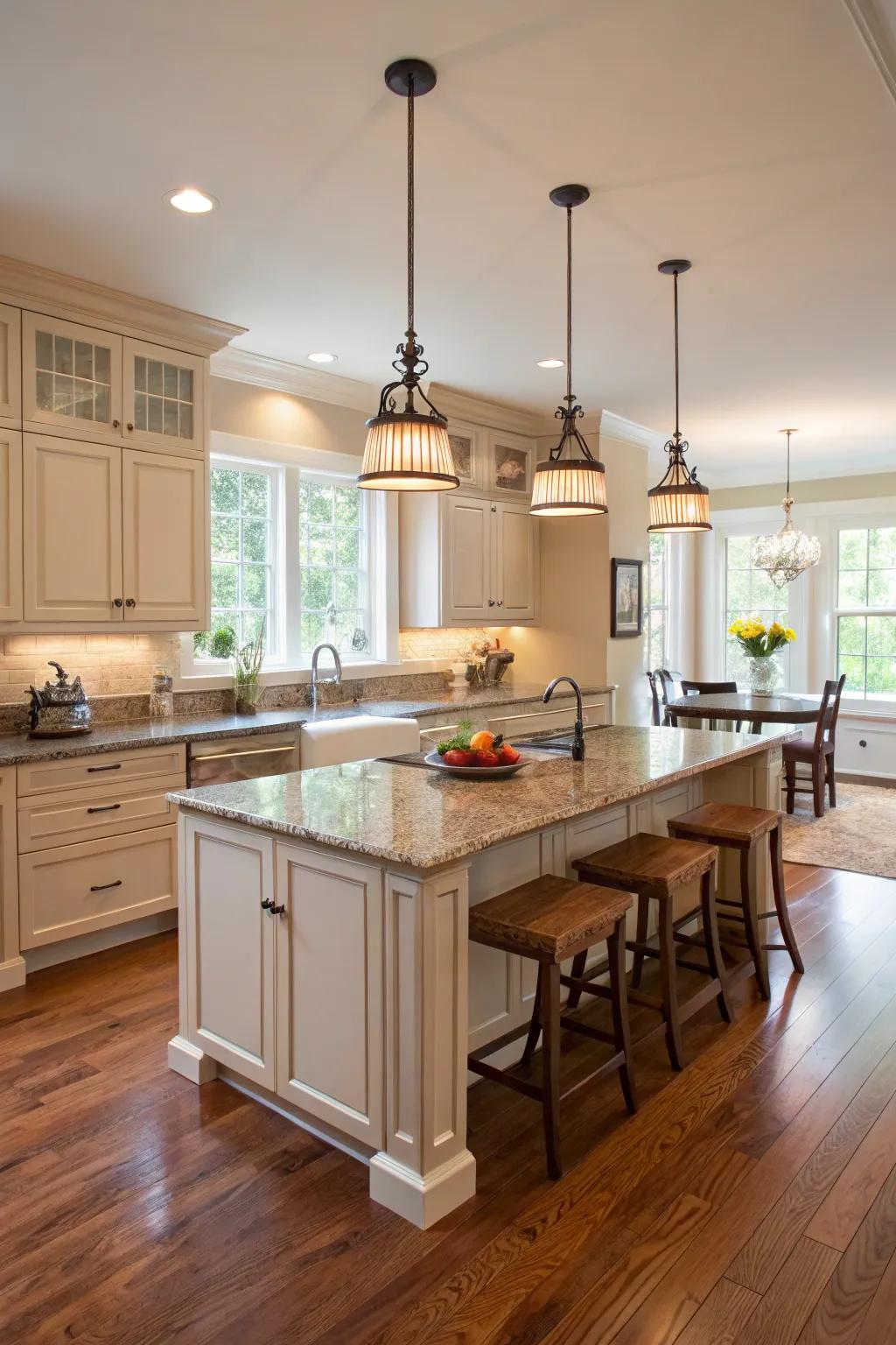 Statement lighting accentuating the kitchen's oak floors.