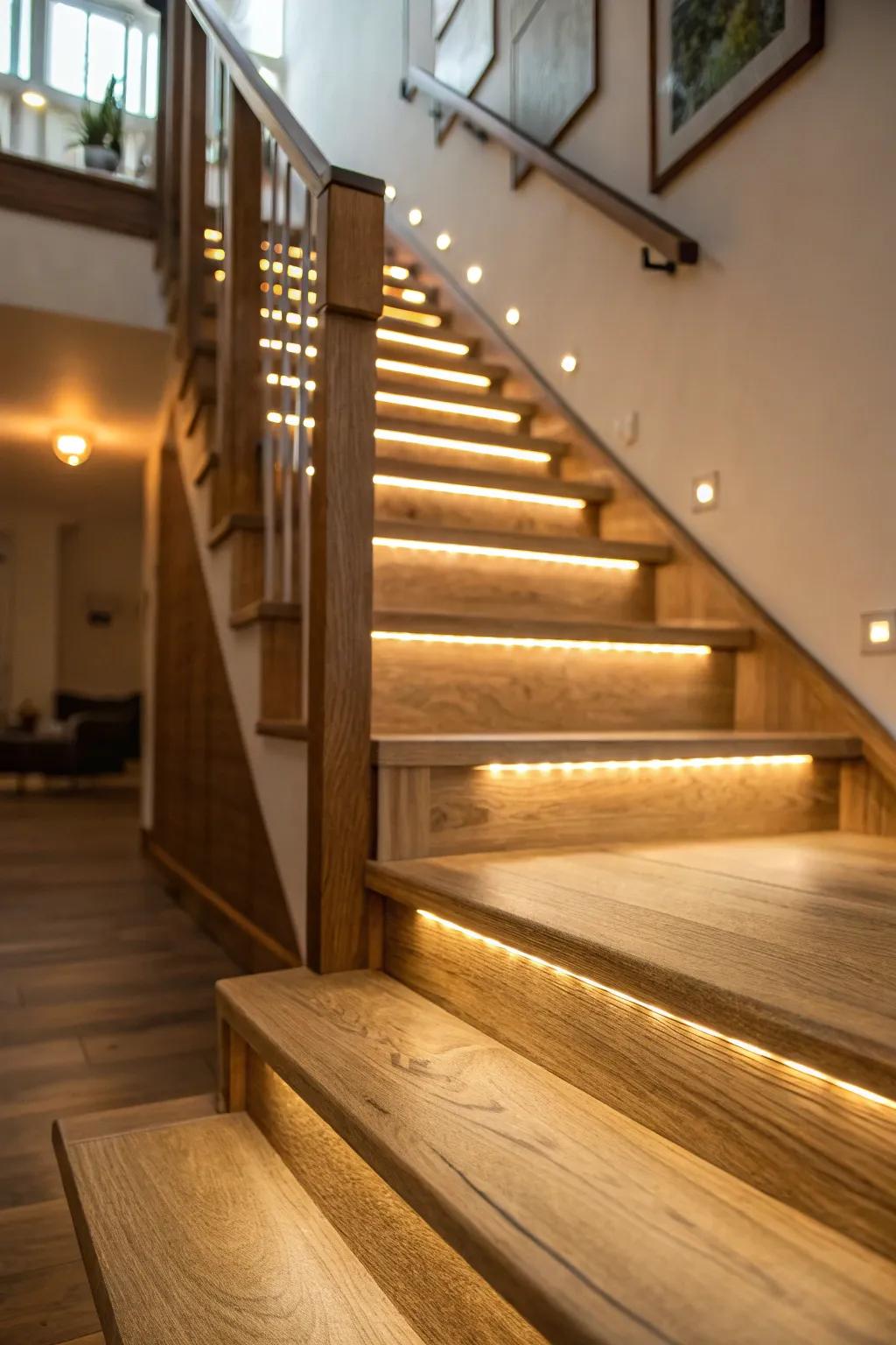 An oak staircase lit with subtle, ambient lighting.