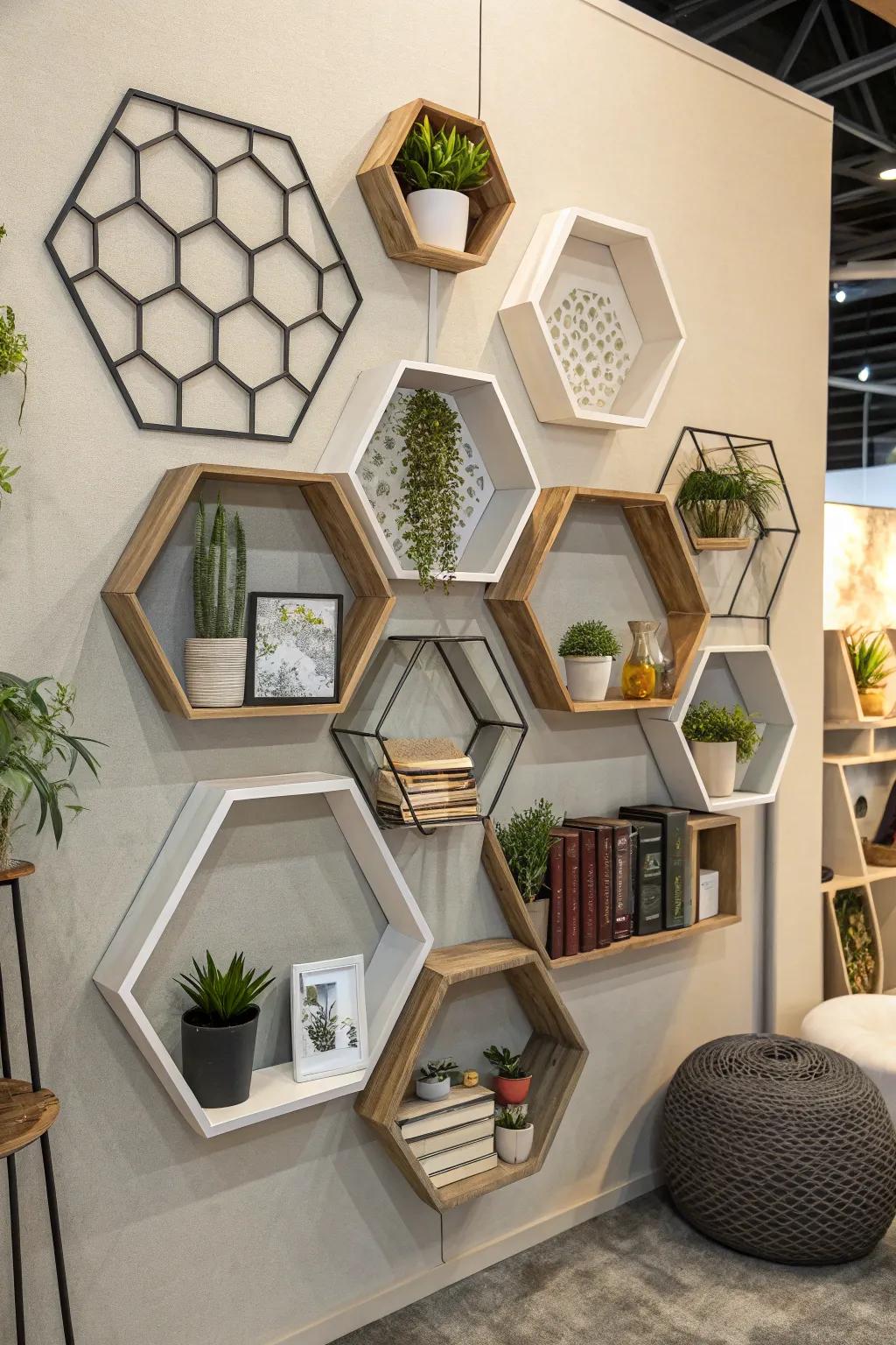 Geometric shapes create a striking wall display.