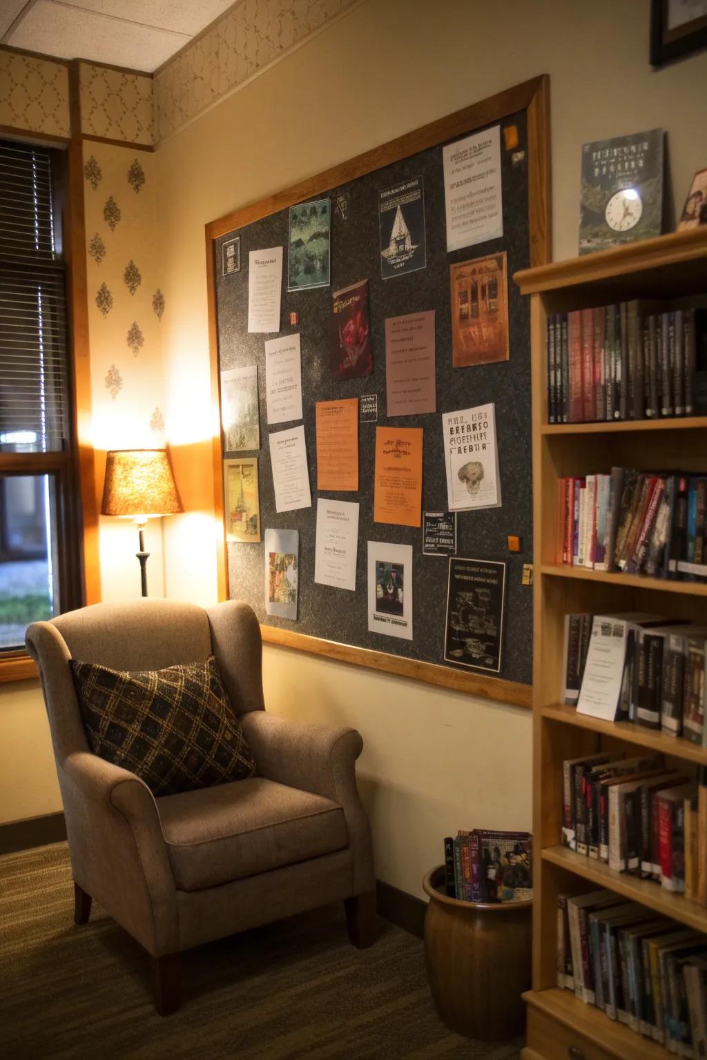 A cozy reading nook bulletin board with a spooky story theme.