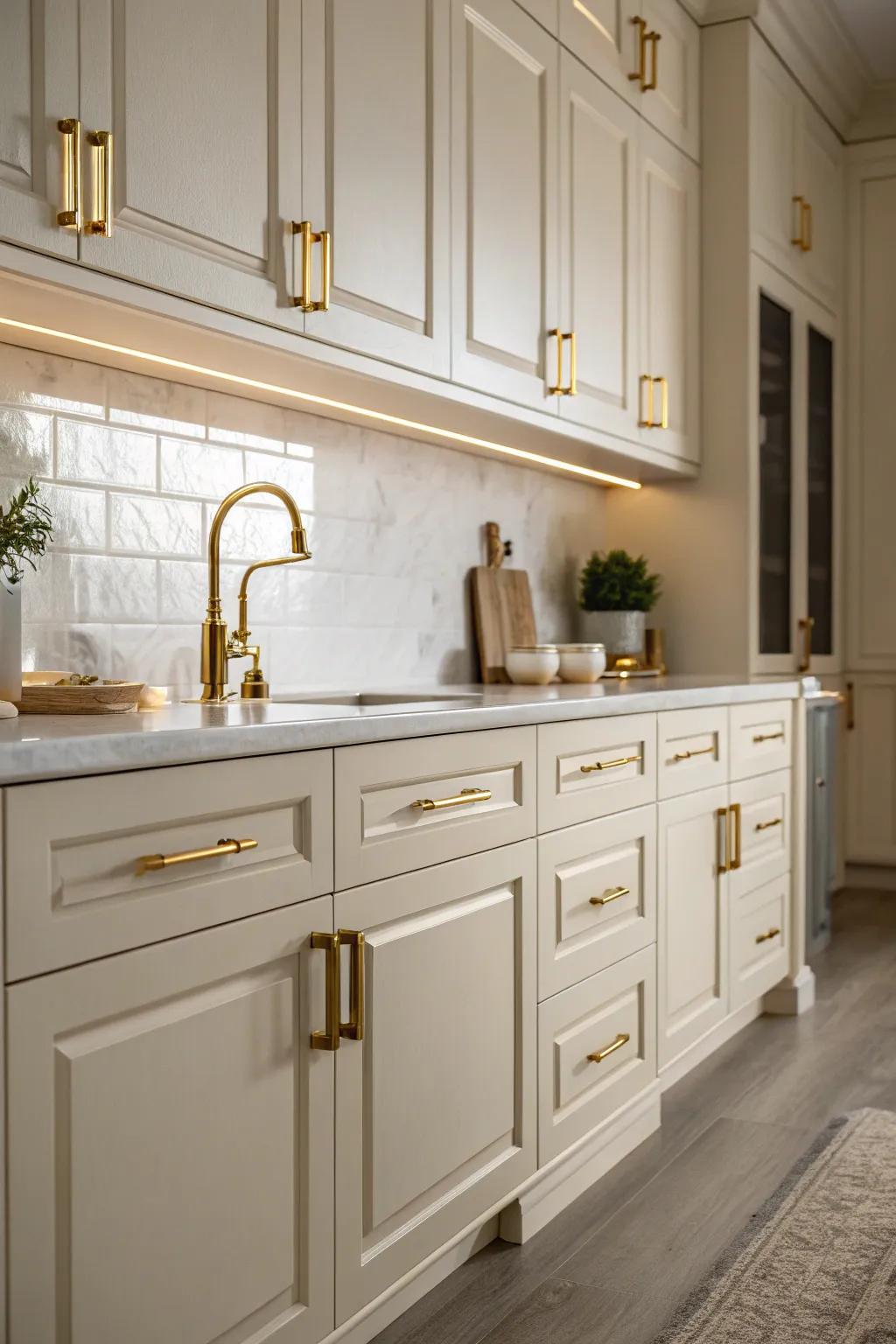 Gold details emphasize the elegance of soft white cabinets.