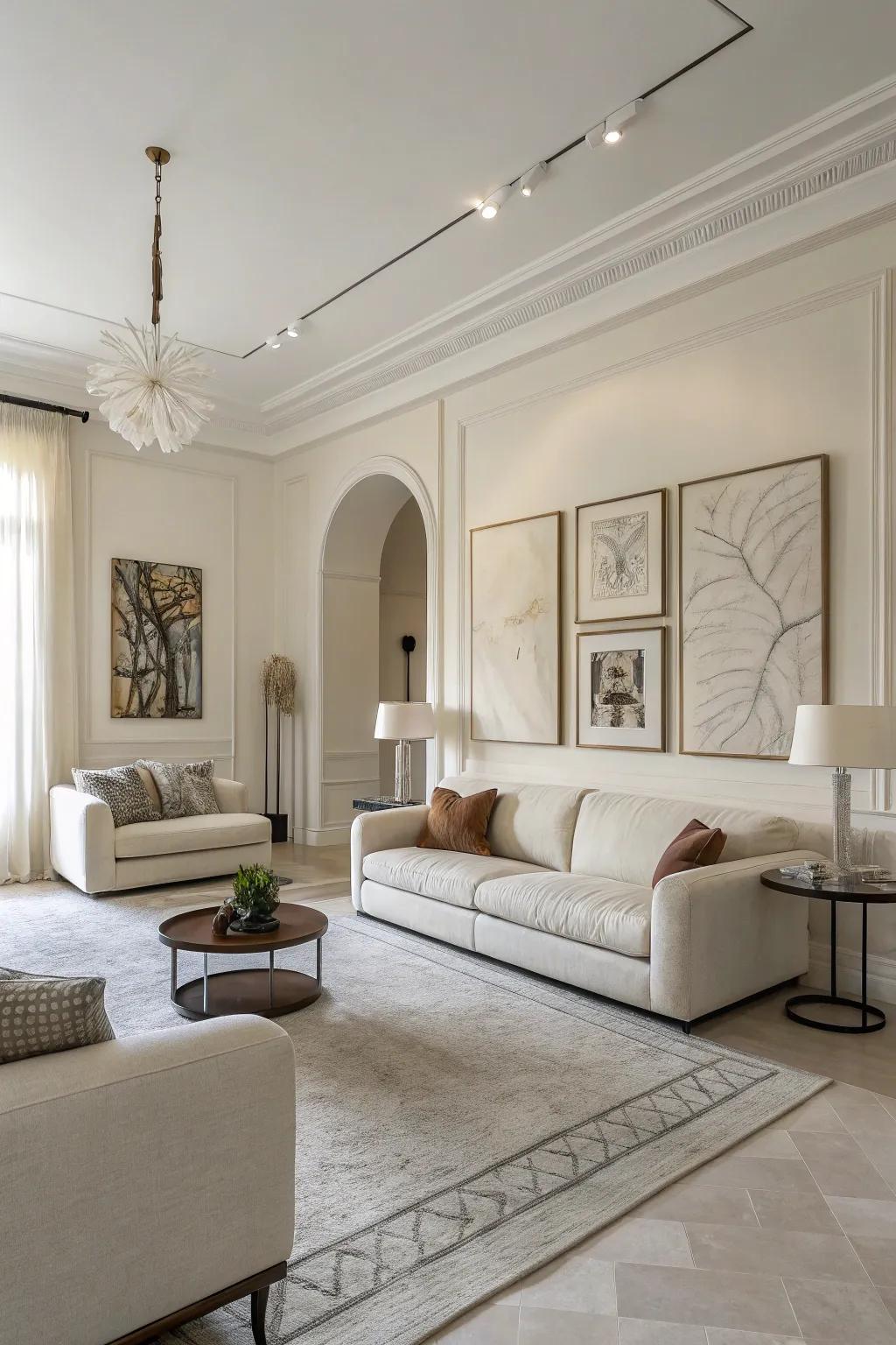 Abstract art imparts individuality to an off-white living space.