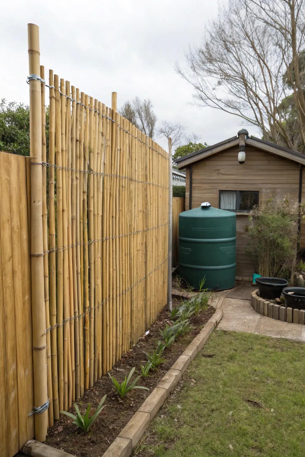 A fuel reservoir elegantly shielded by a bamboo partition.