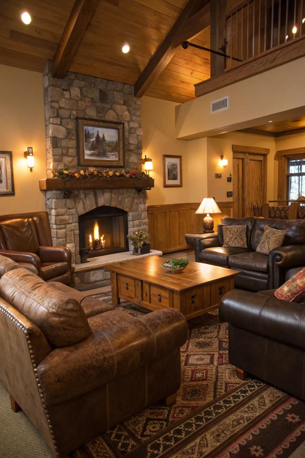 A snug retreat living space featuring comfortable leather sofas and plush seating.