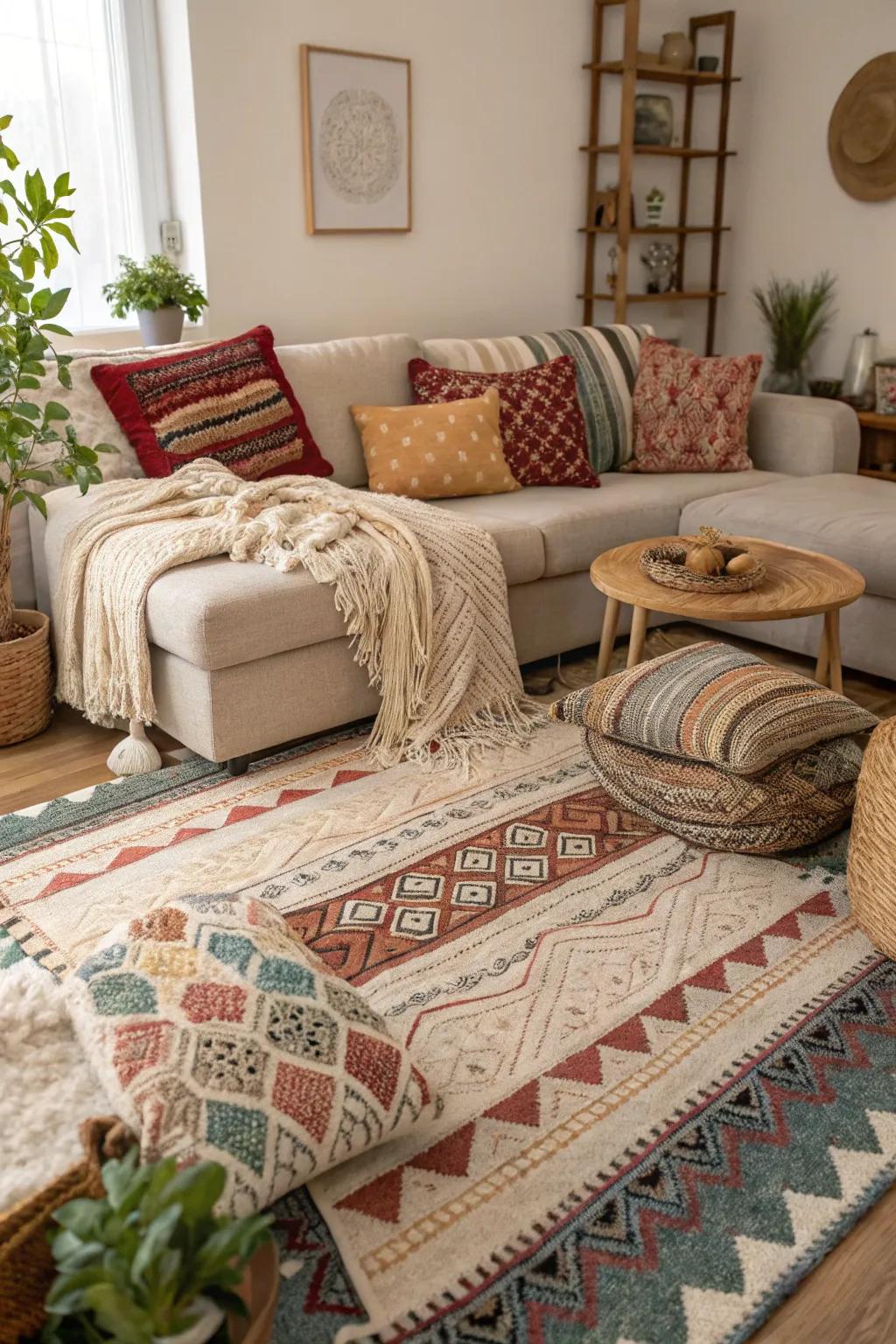 Layered textiles enrich the space with warmth and texture.