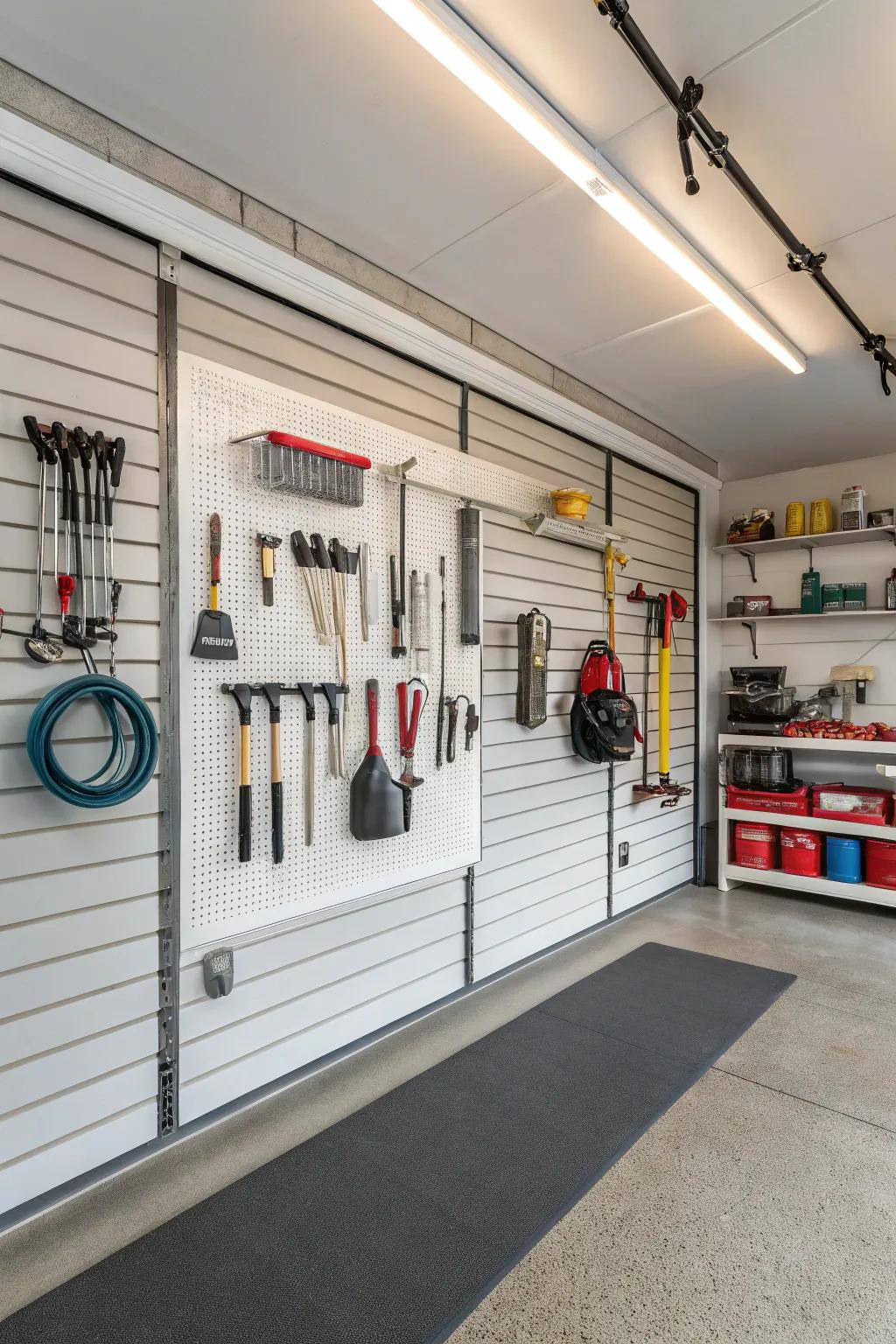 Slatwall panels offer an adaptable and well-organized storage solution.
