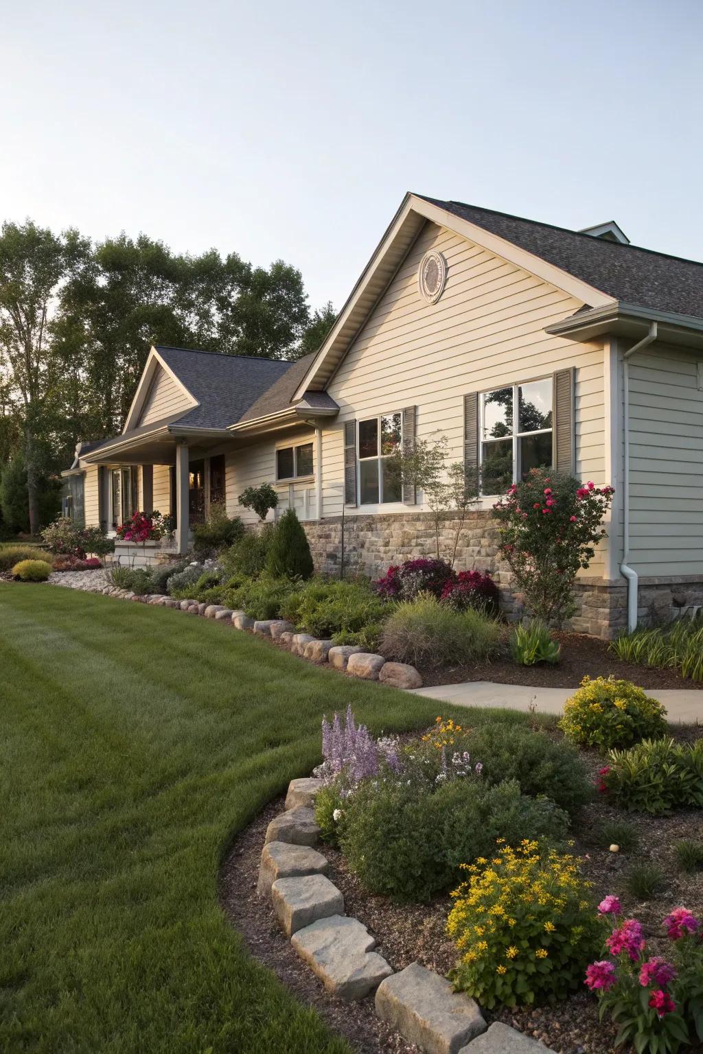Landscaping integrated with siding design enhances the ranch house's beauty.