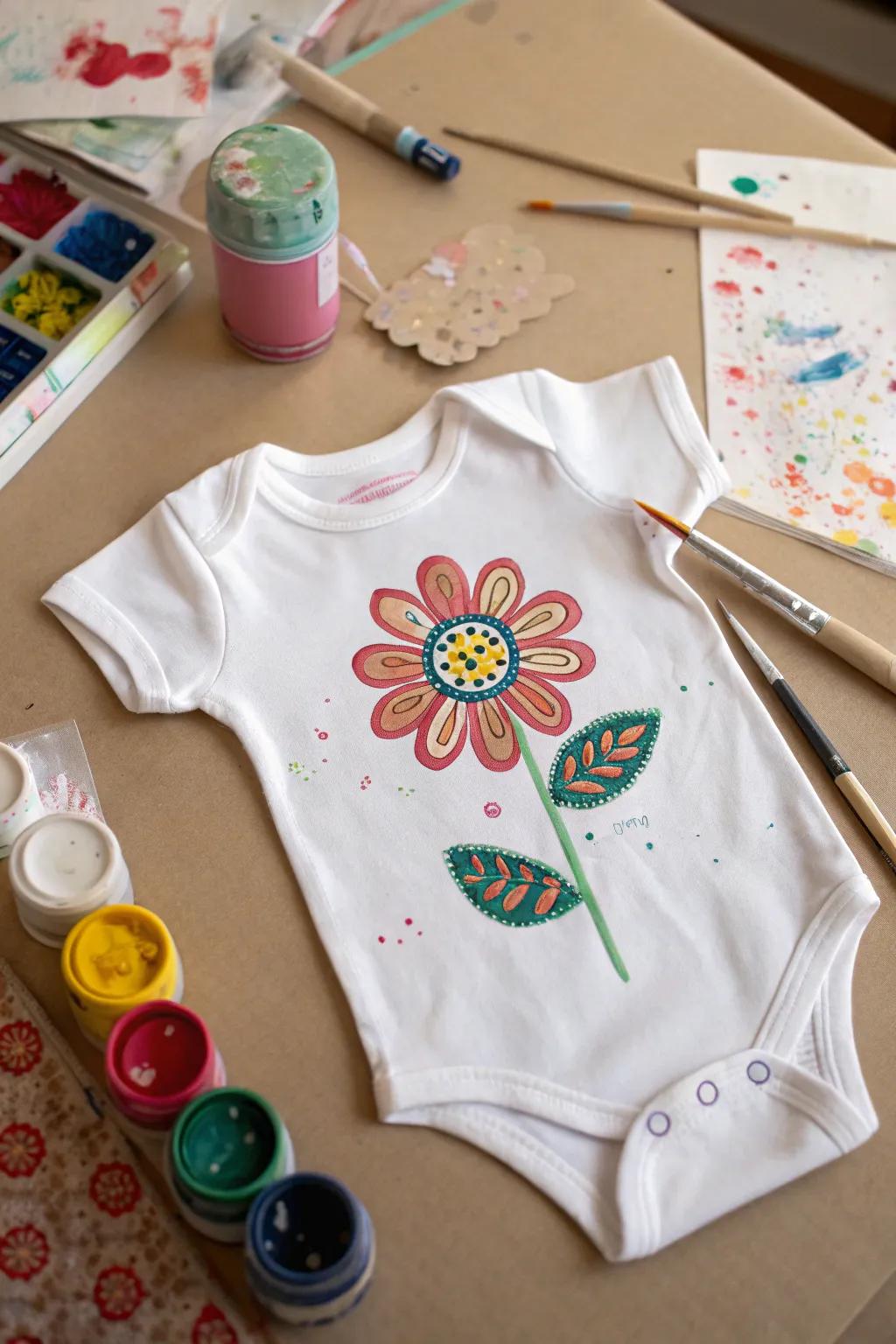 A uniquely decorated onesie featuring a handmade impression.