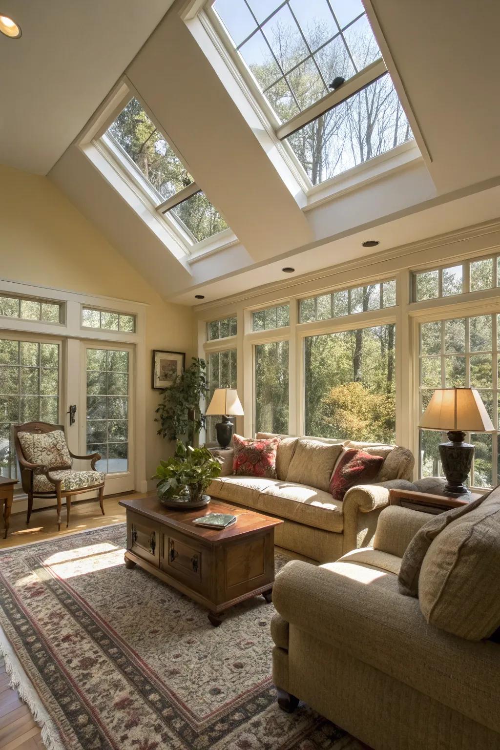 A sunlit lounge featuring skylights that allow ample natural daylight in.