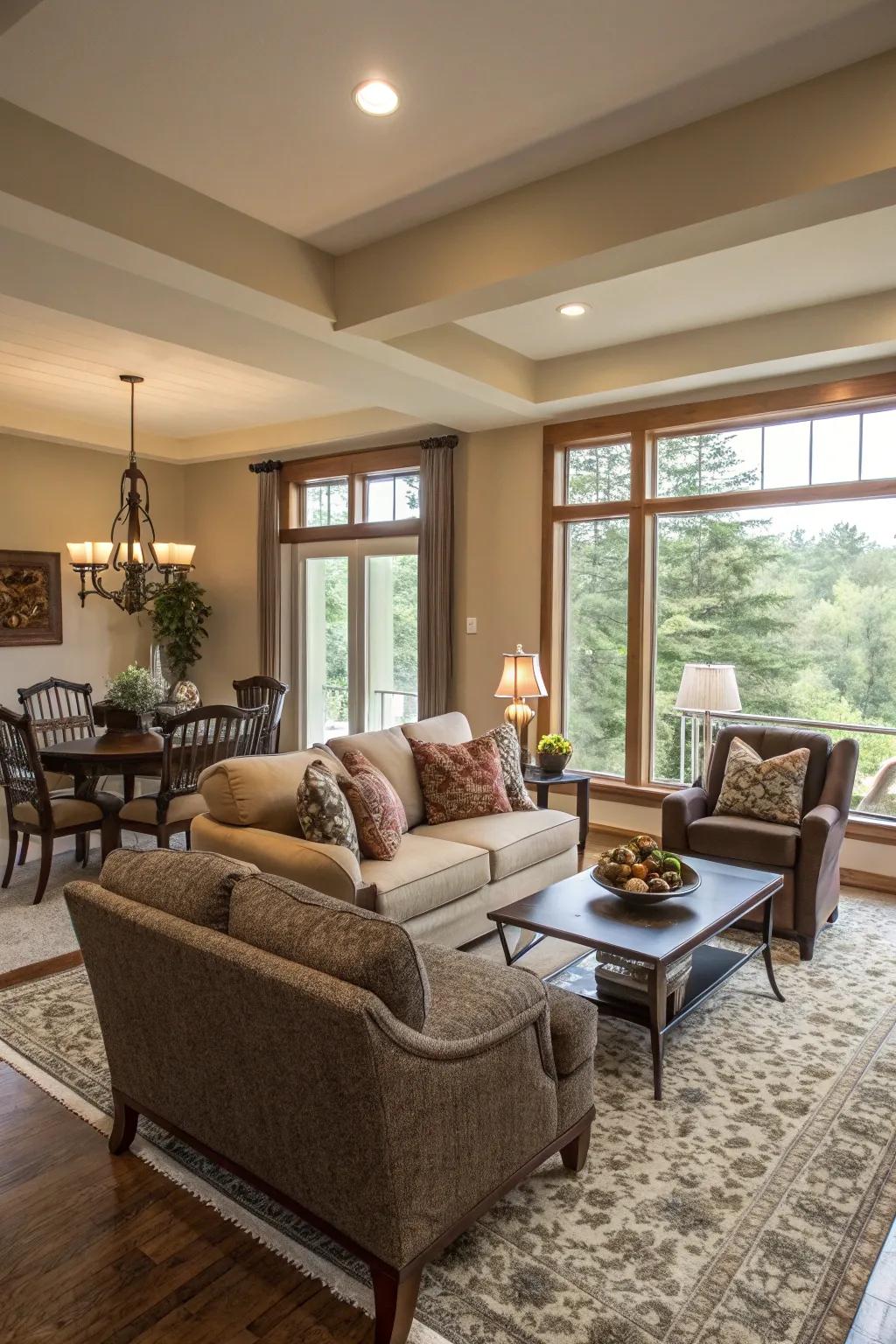 Furniture layout establishes purposeful zones within the area.
