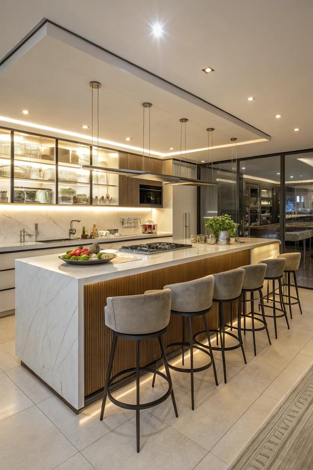 Counter seating around the kitchen island promotes social interaction.