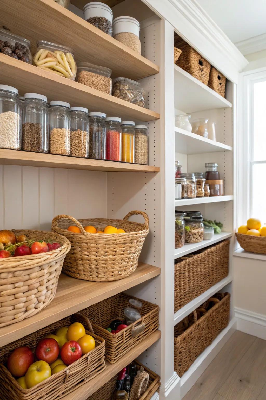 Interlaced bins contribute depth and charm to an organized pantry.