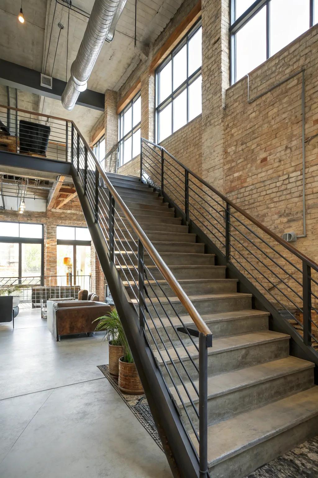 Urban components impart this stairway a sophisticated, urban vibe.