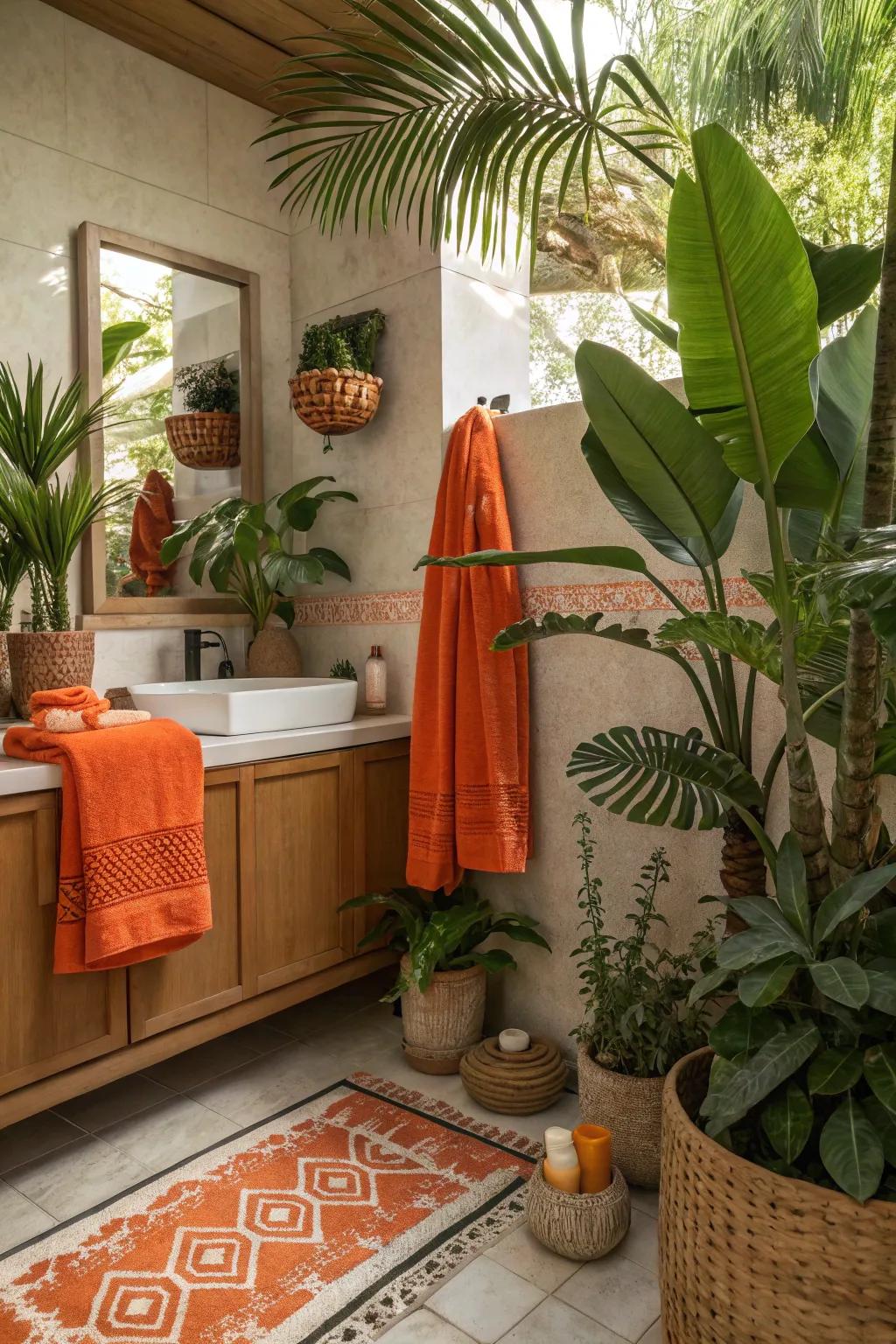 Citrus details mingle with verdant plants, fostering an exotic ambiance.