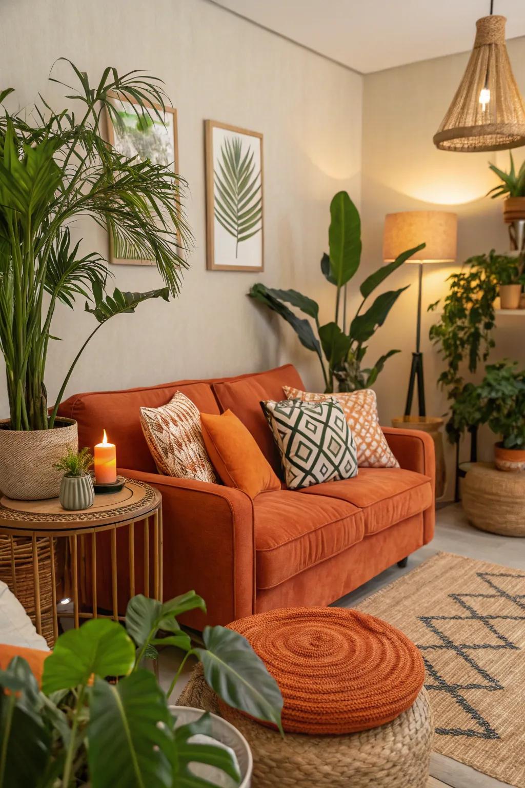 Tangerine touches arranged with plants spawn a harmonious and earthy atmosphere.