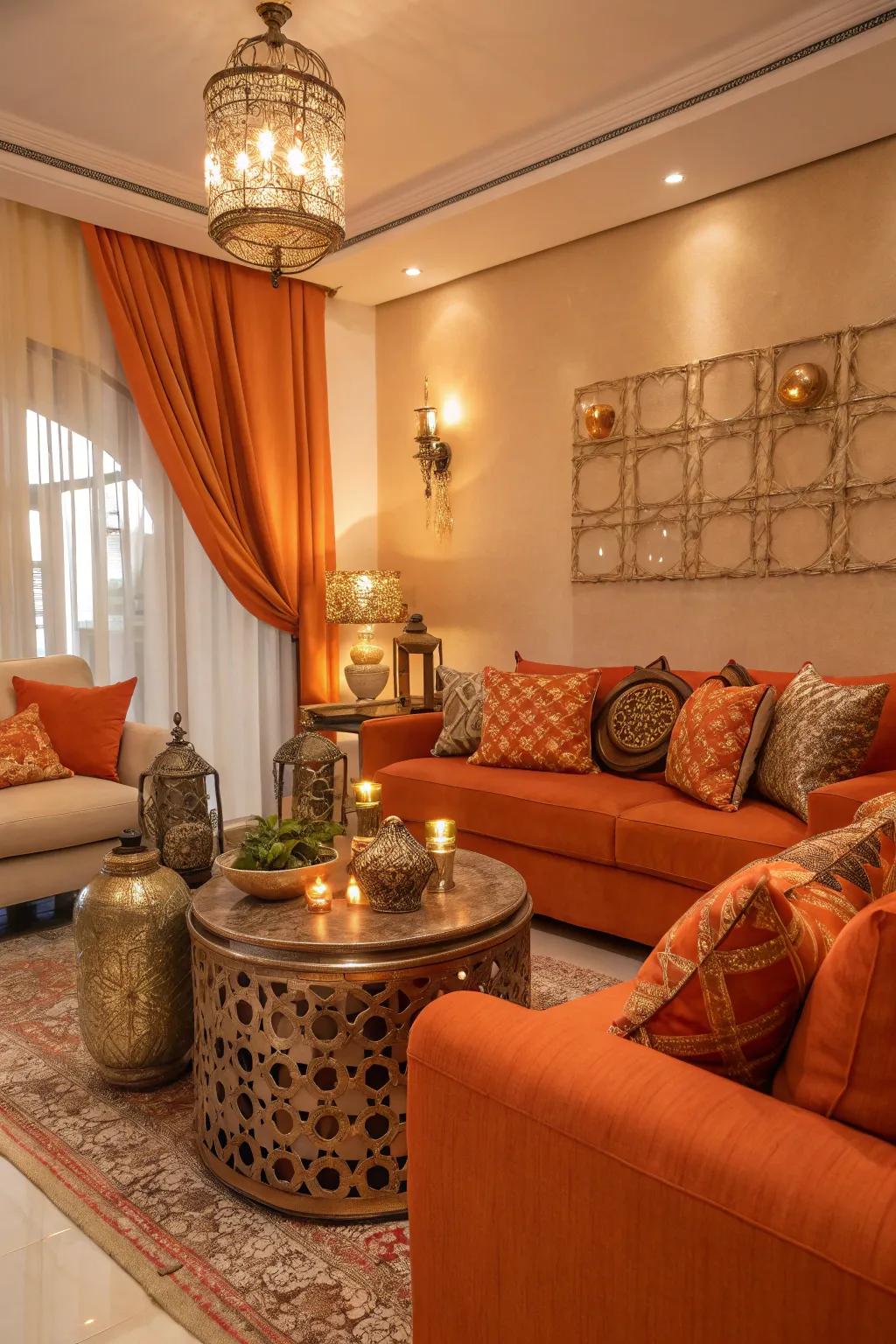 A sophisticated living room featuring coral accents and metallic highlights.