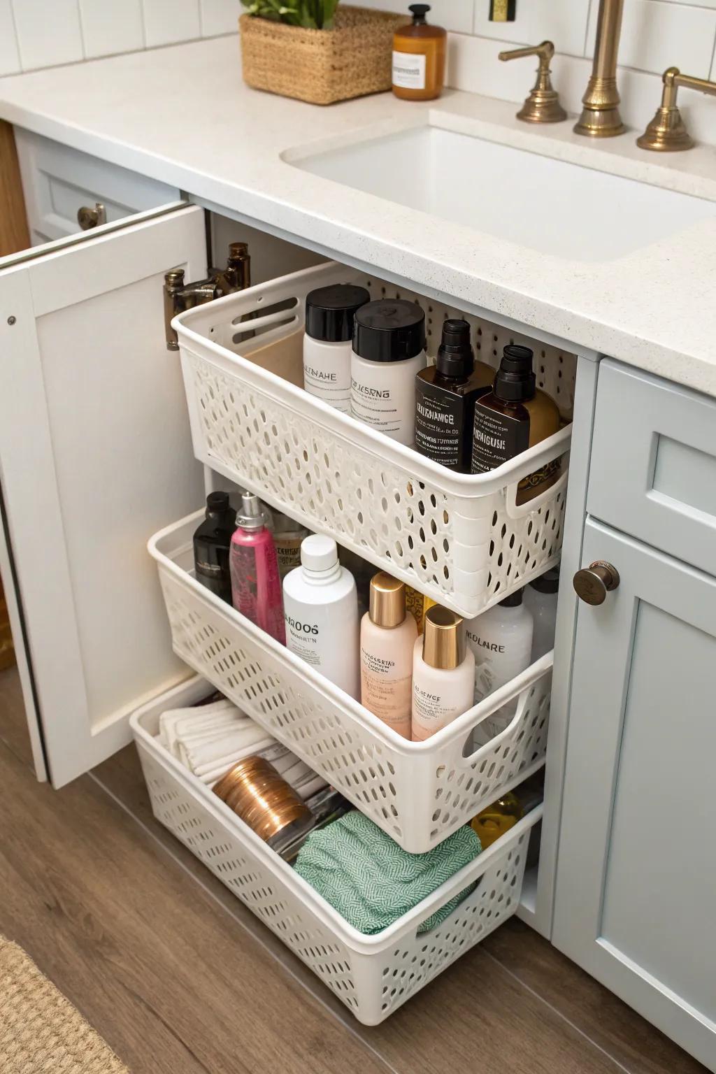 Stackable baskets provide a neat solution for organizing similar items together.