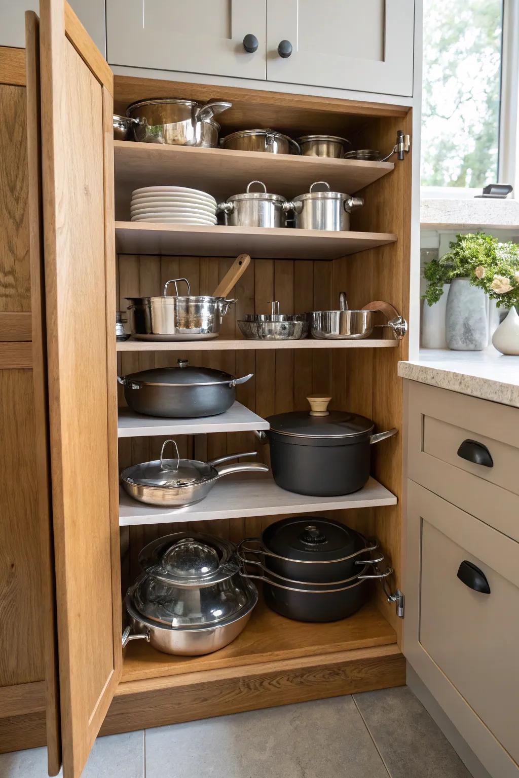 Tiered shelves efficiently arranging cookware in a cabinet.