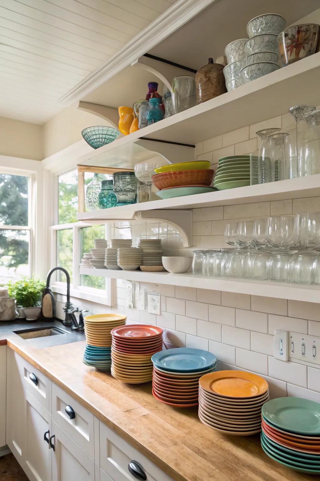 Exposed kitchen shelves elegantly showcase tableware