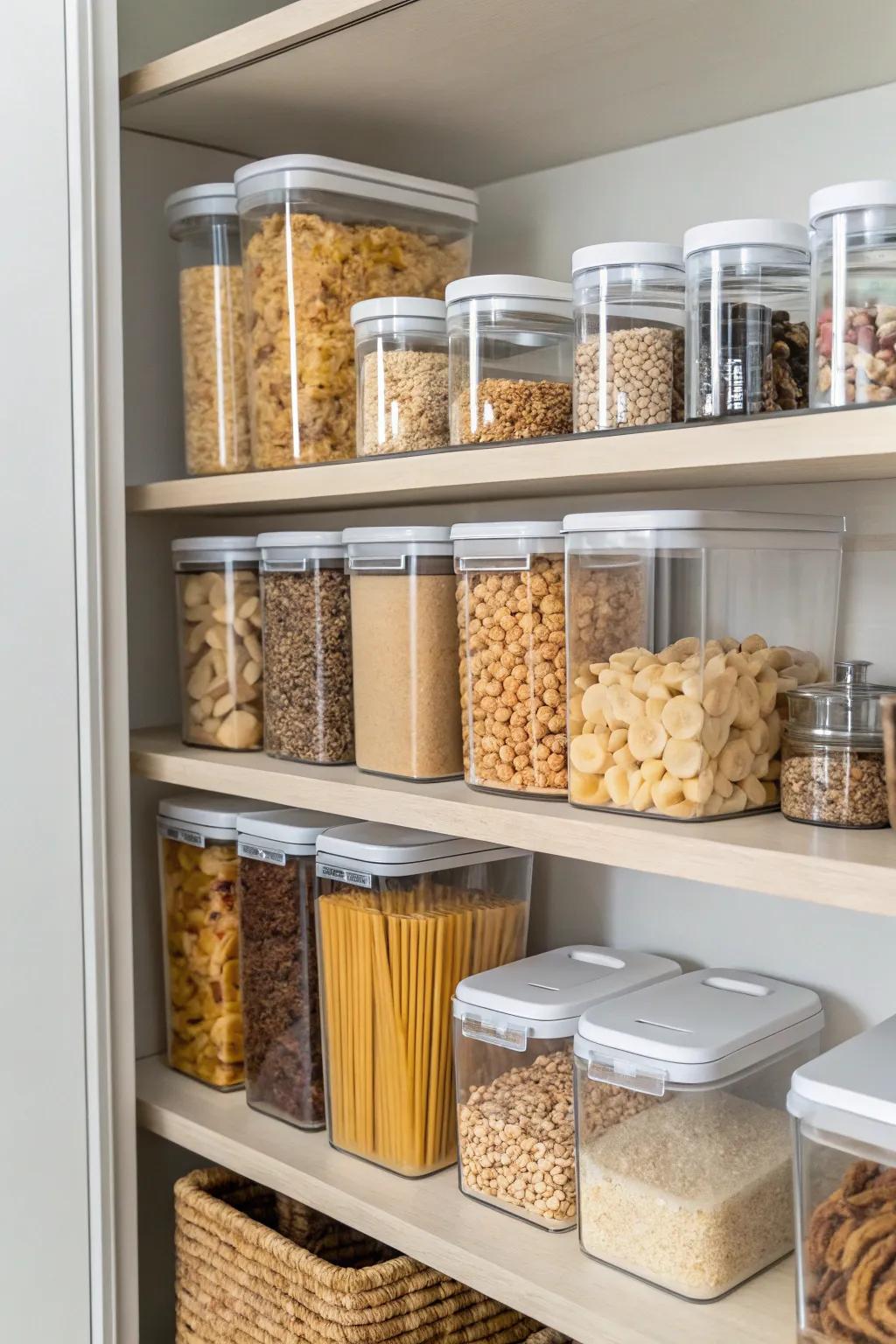 Clear containers simplify pantry organization.