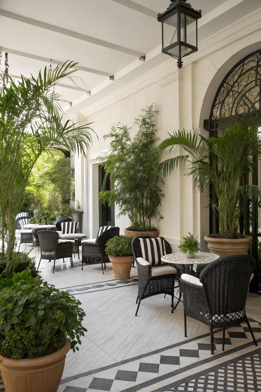 A vibrant patio where lush greenery beautifully contrasts with the black and white decor.