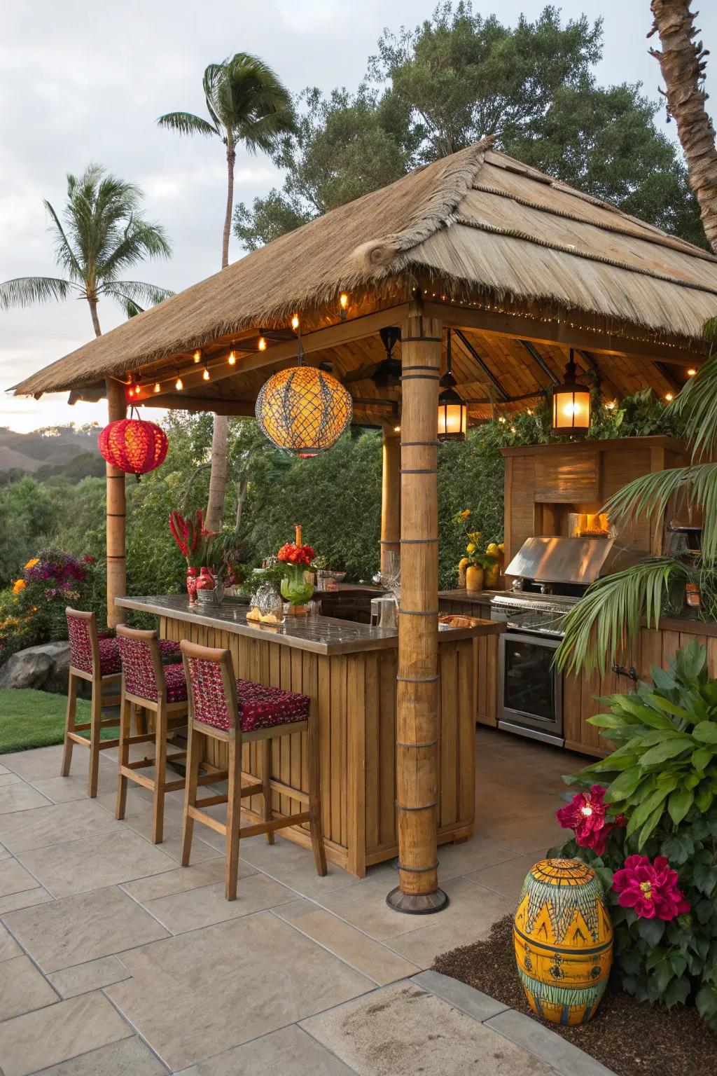 Escape to a tropical paradise with a tiki-inspired outdoor kitchen gazebo.