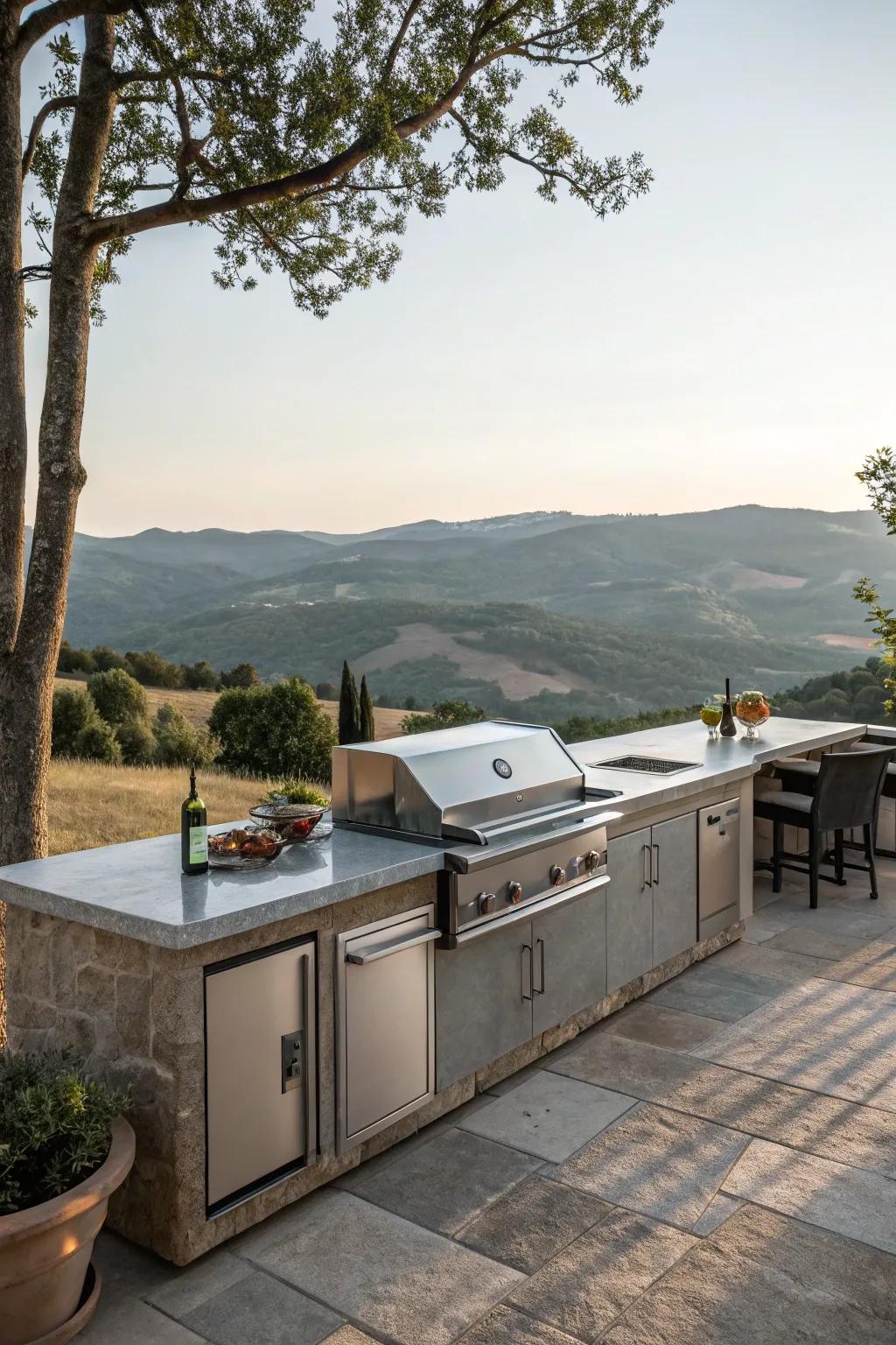 An outdoor kitchen island perfectly positioned to offer stunning views of a serene landscape.