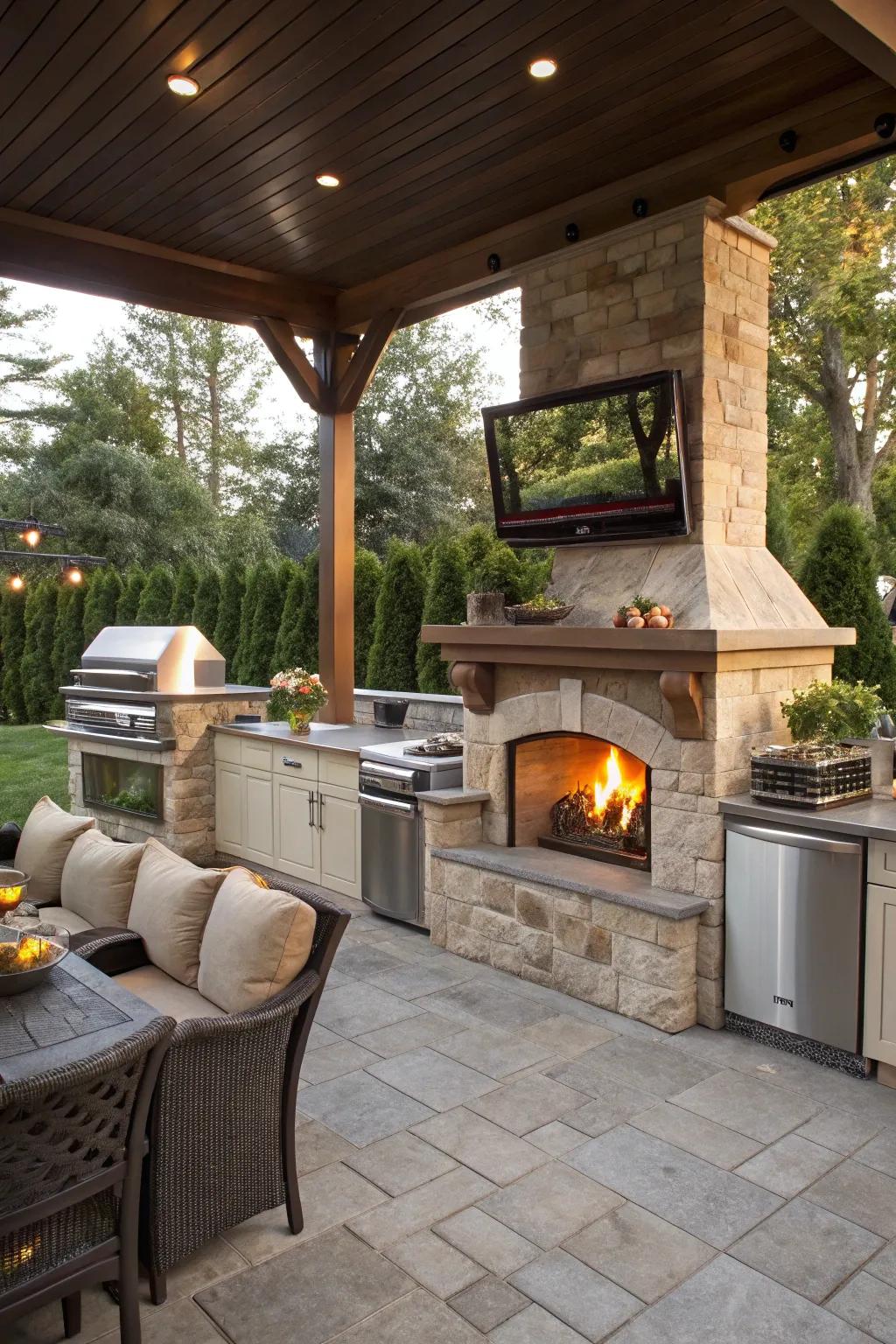 Blend warmth and entertainment with a fireplace and TV setup in your outdoor kitchen.
