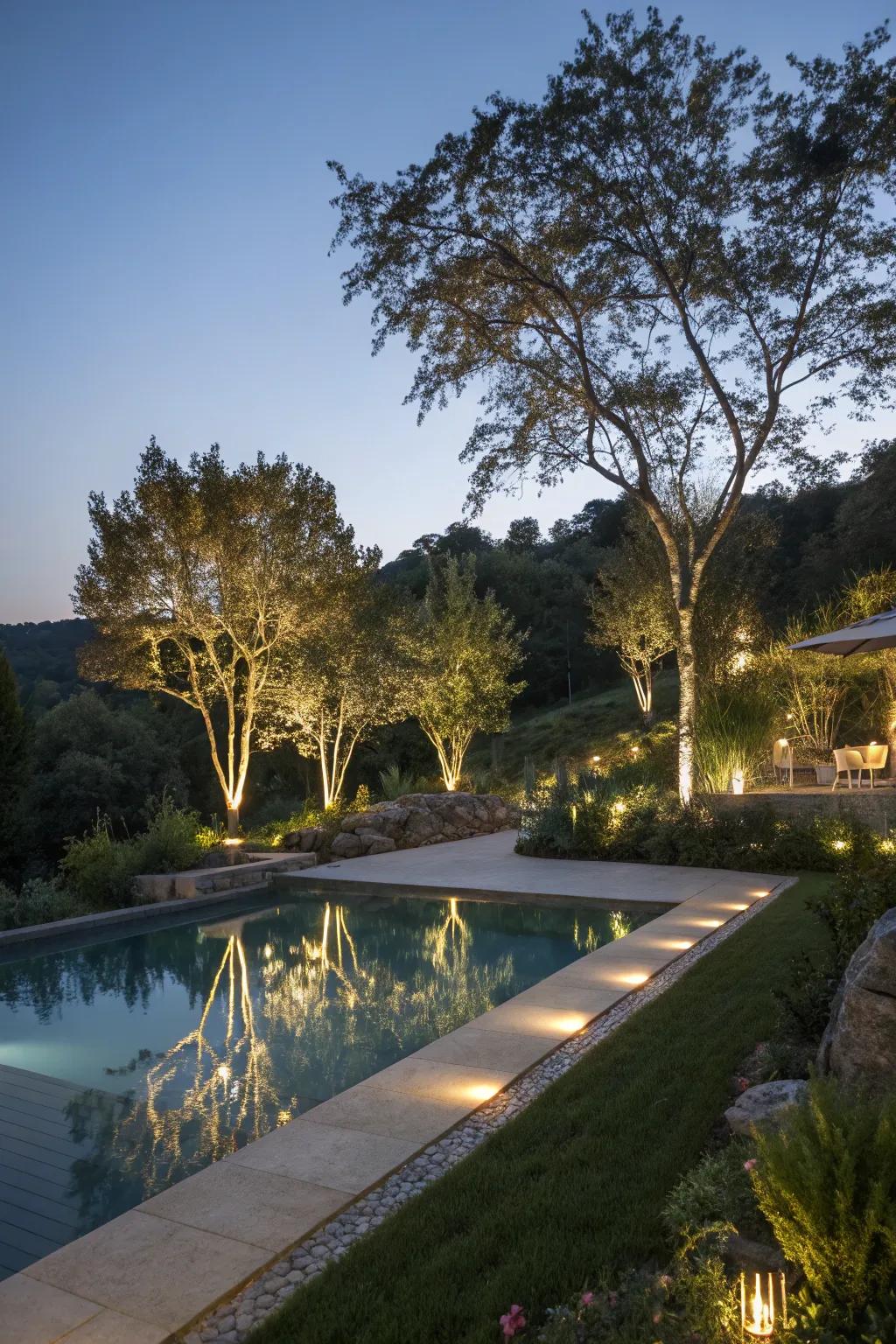 Landscape lighting enhances the innate splendor enclosing your pool.