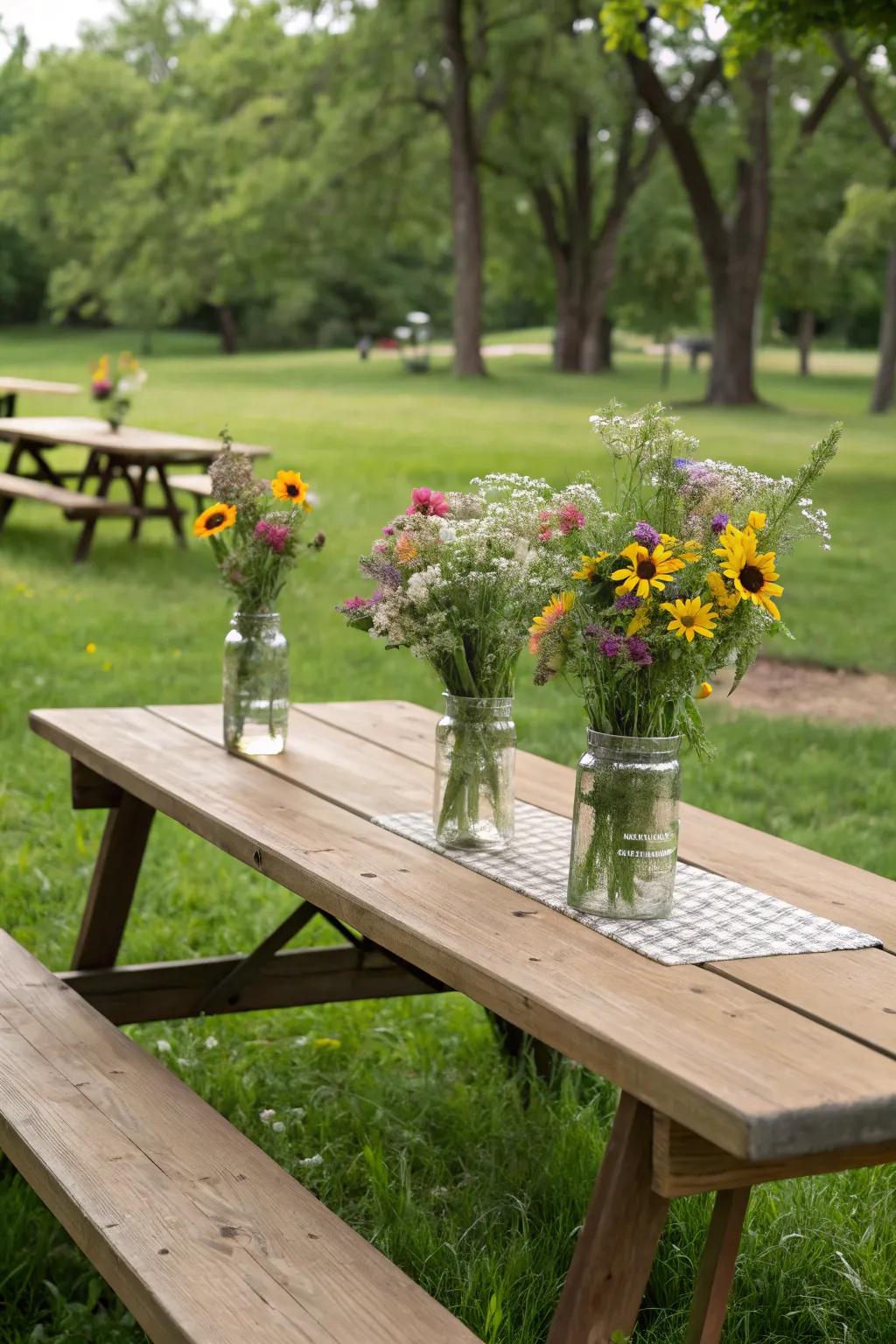Wildflower centerpieces introduce a hint of nature to your park event tables.