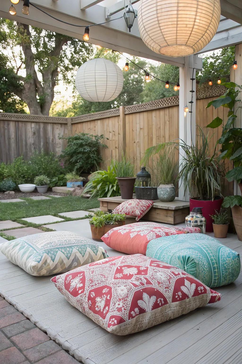 Floor pillows add an easygoing, bohemian vibe to any outdoor setting.