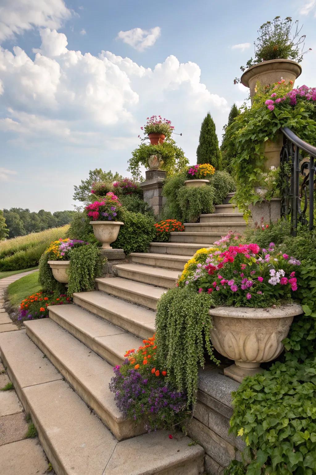 Layered planting brings vibrant life to outdoor steps, enhancing garden aesthetics.