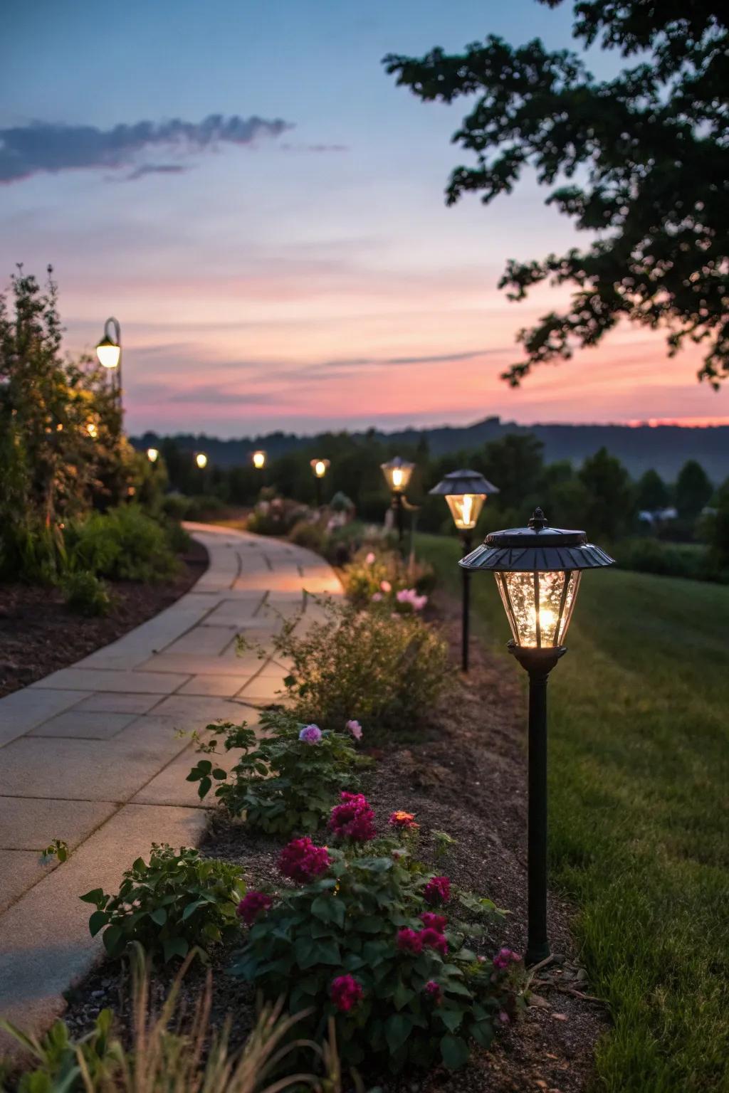 Green solar lights brighten your path.