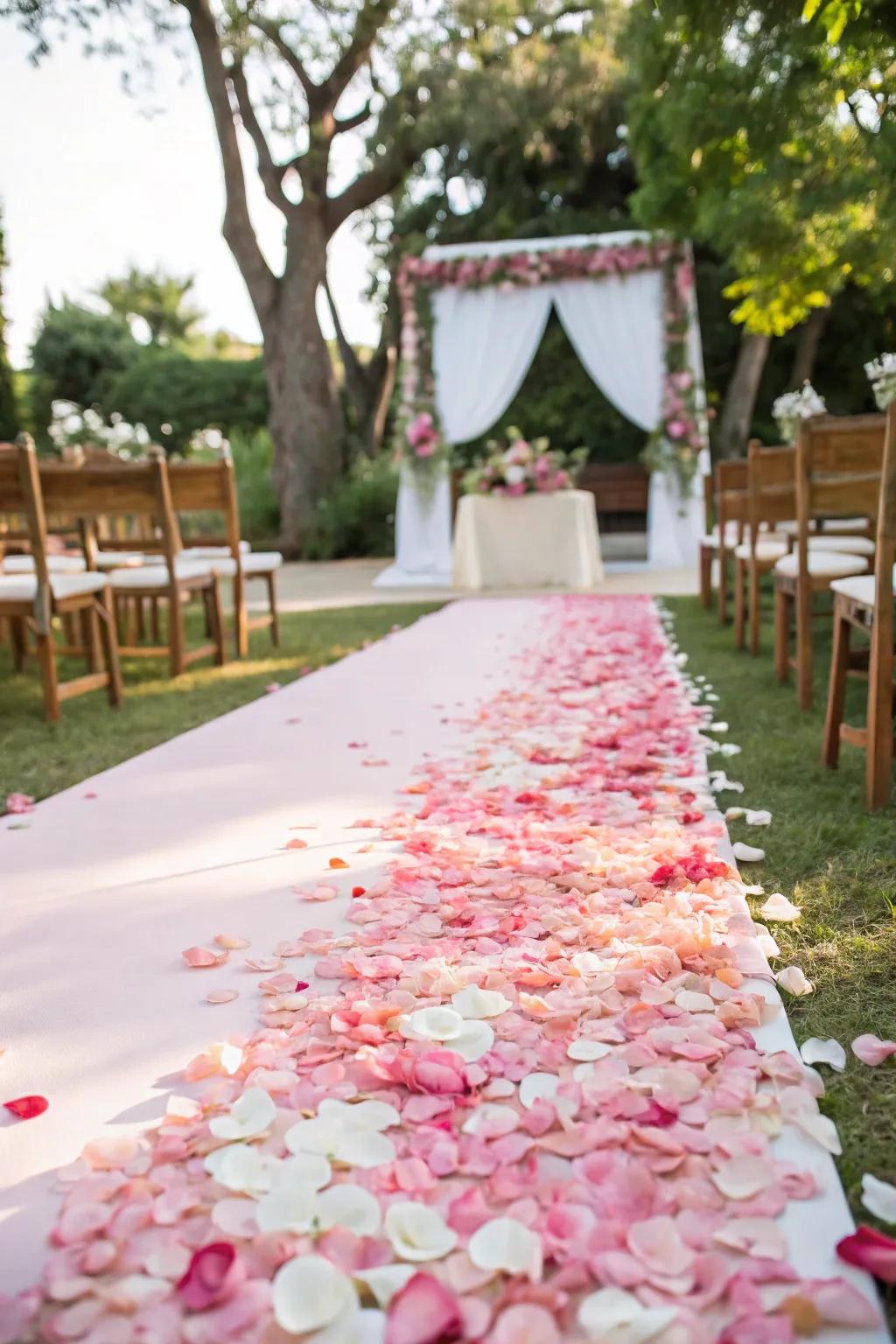 A striking petal carpet infuses romance into the walkway.