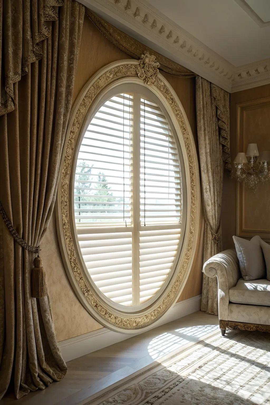 A decorative frame with built-in blinds enhances the window's appeal.
