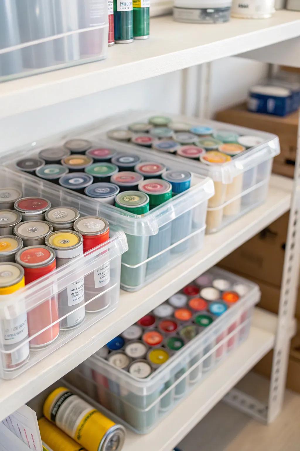 See-through storage bins filled with various paint cans on a shelf.