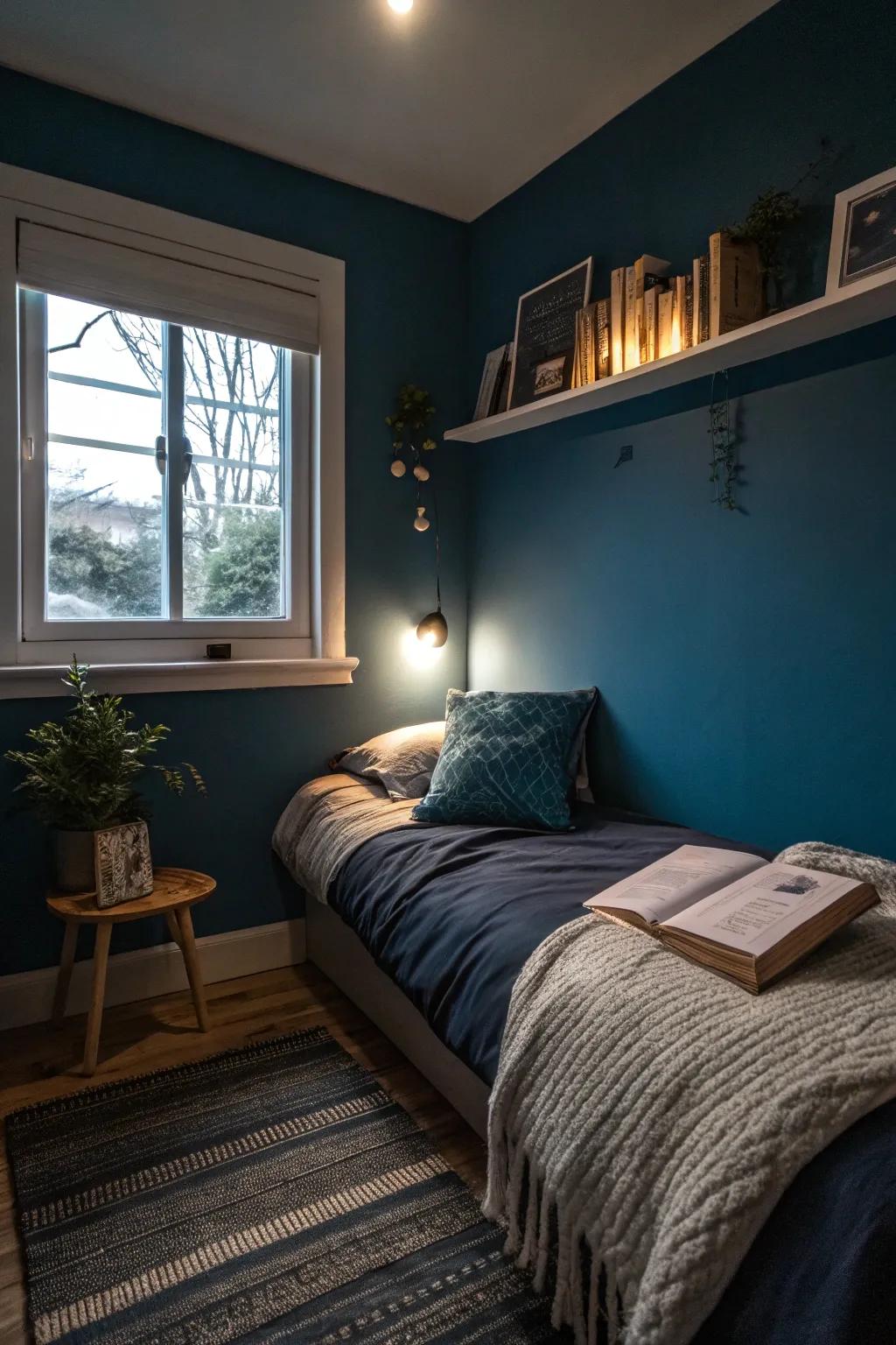 Deep blues can integrate a soothing, cocoon-like result within small bedrooms.