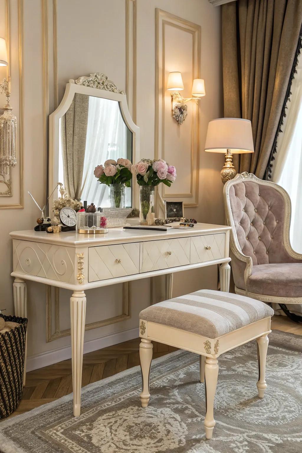 A glamorous vanity table adds sophistication to your bedroom.