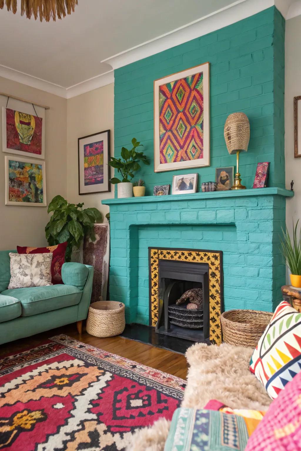 A teal-painted fireplace makes for a bright color burst.