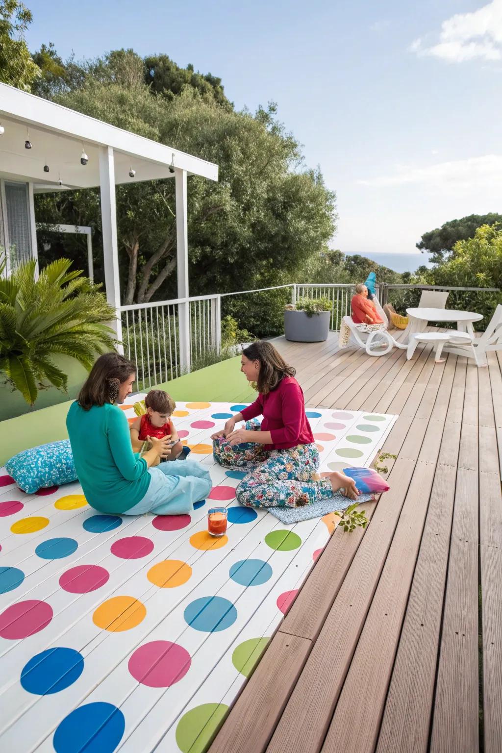 A playful round spot design on a deck, making it an appealing space for families.