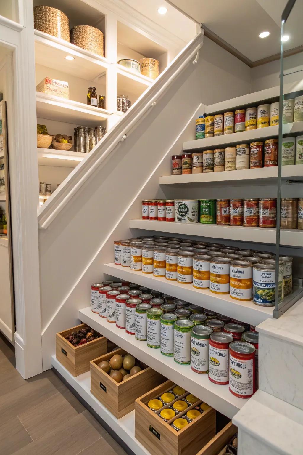 Shelves with steps let you see all your cans.