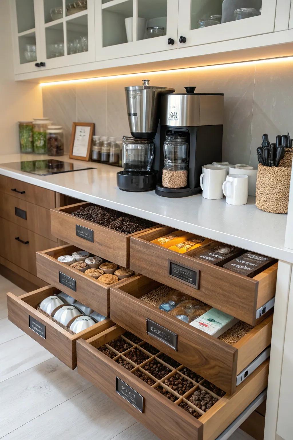 Rollout drawers make accessing your coffee supplies effortless.