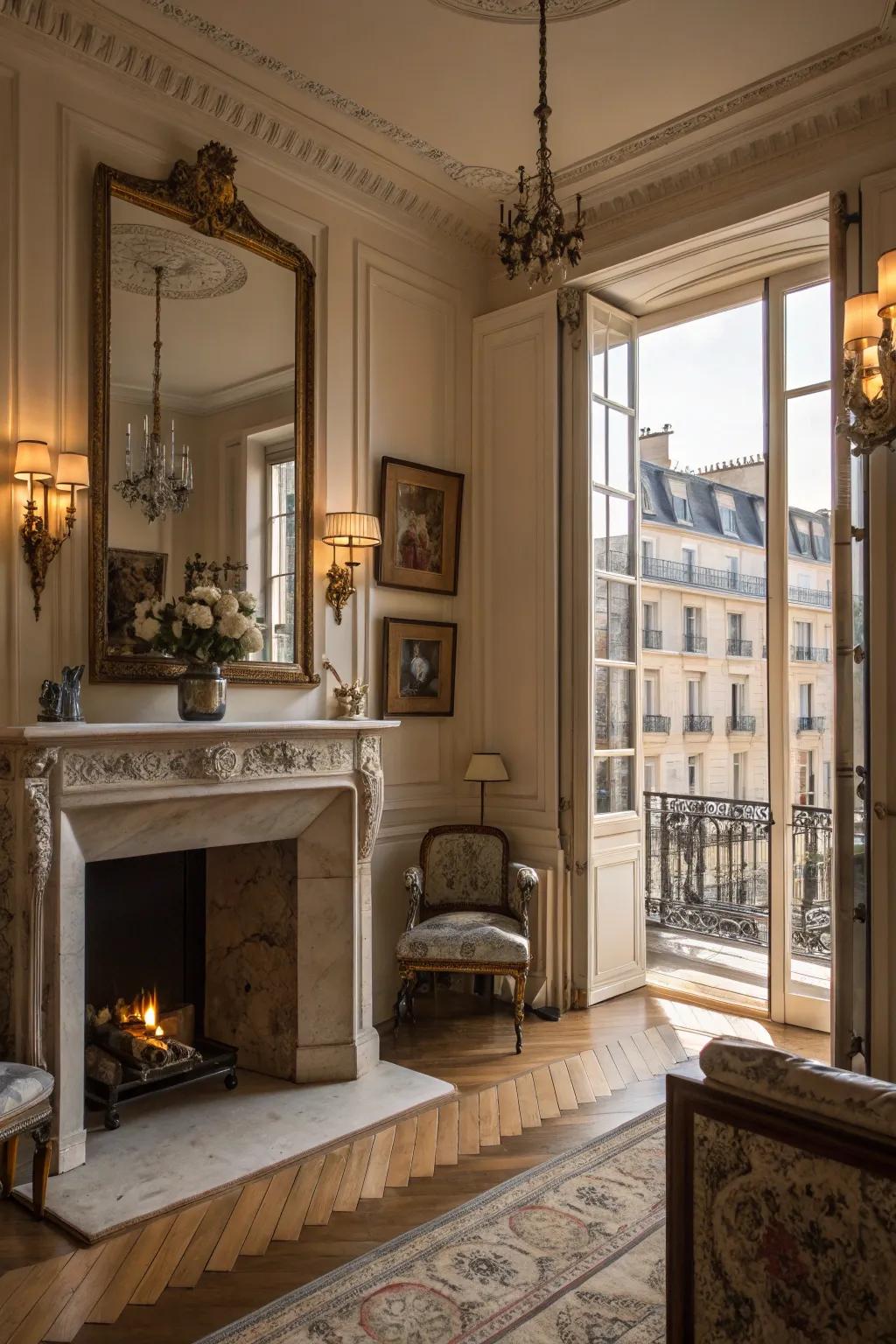 A hearth anchors the room with warmth and style.