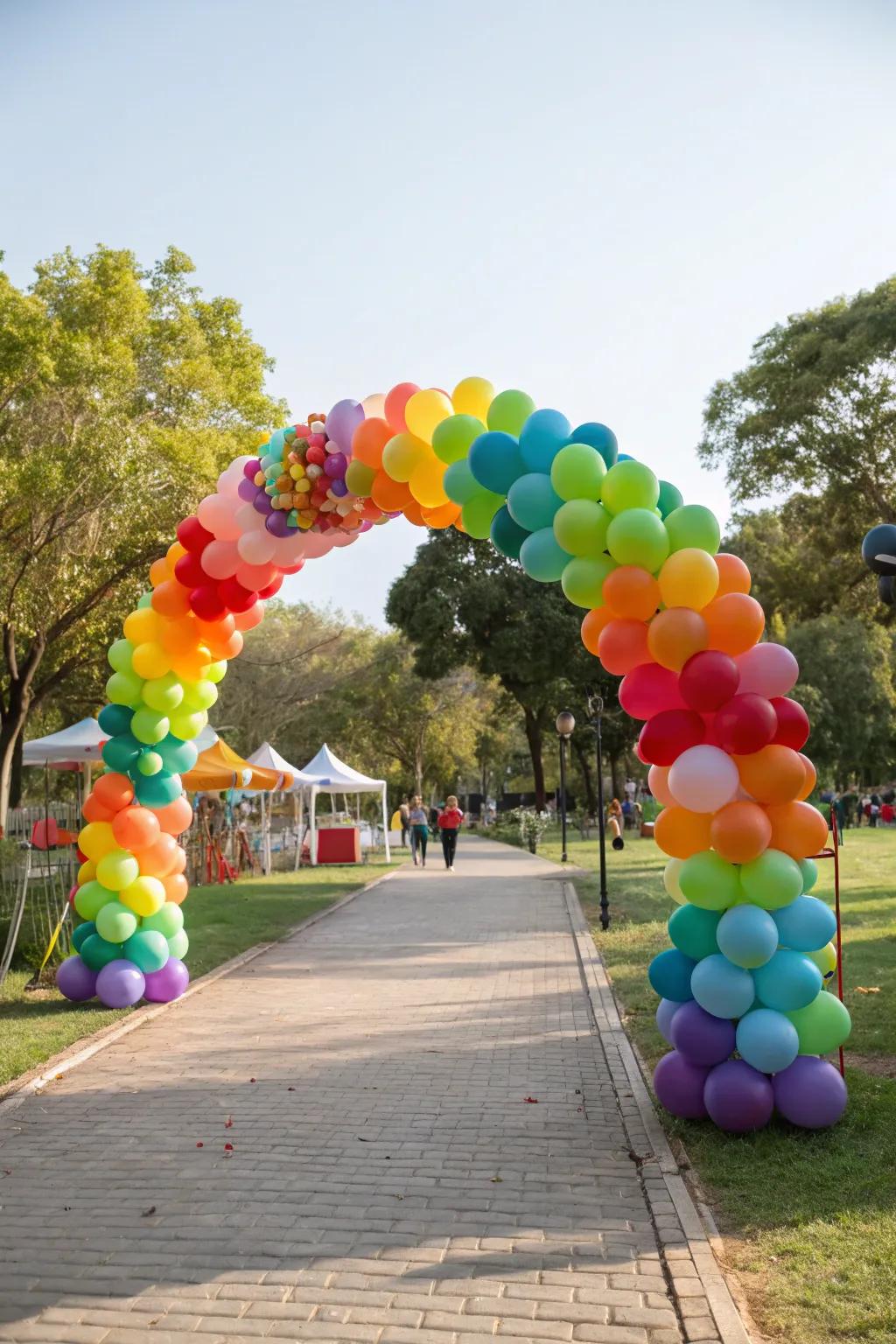 A vibrant balloon archway marks a festive entrance.