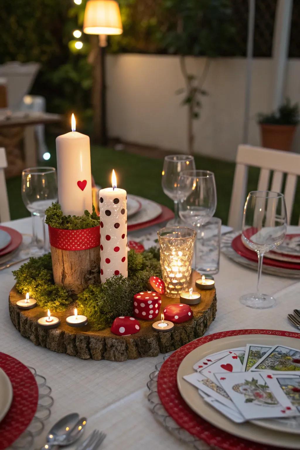 A creative centerpiece featuring candles and themed decorations