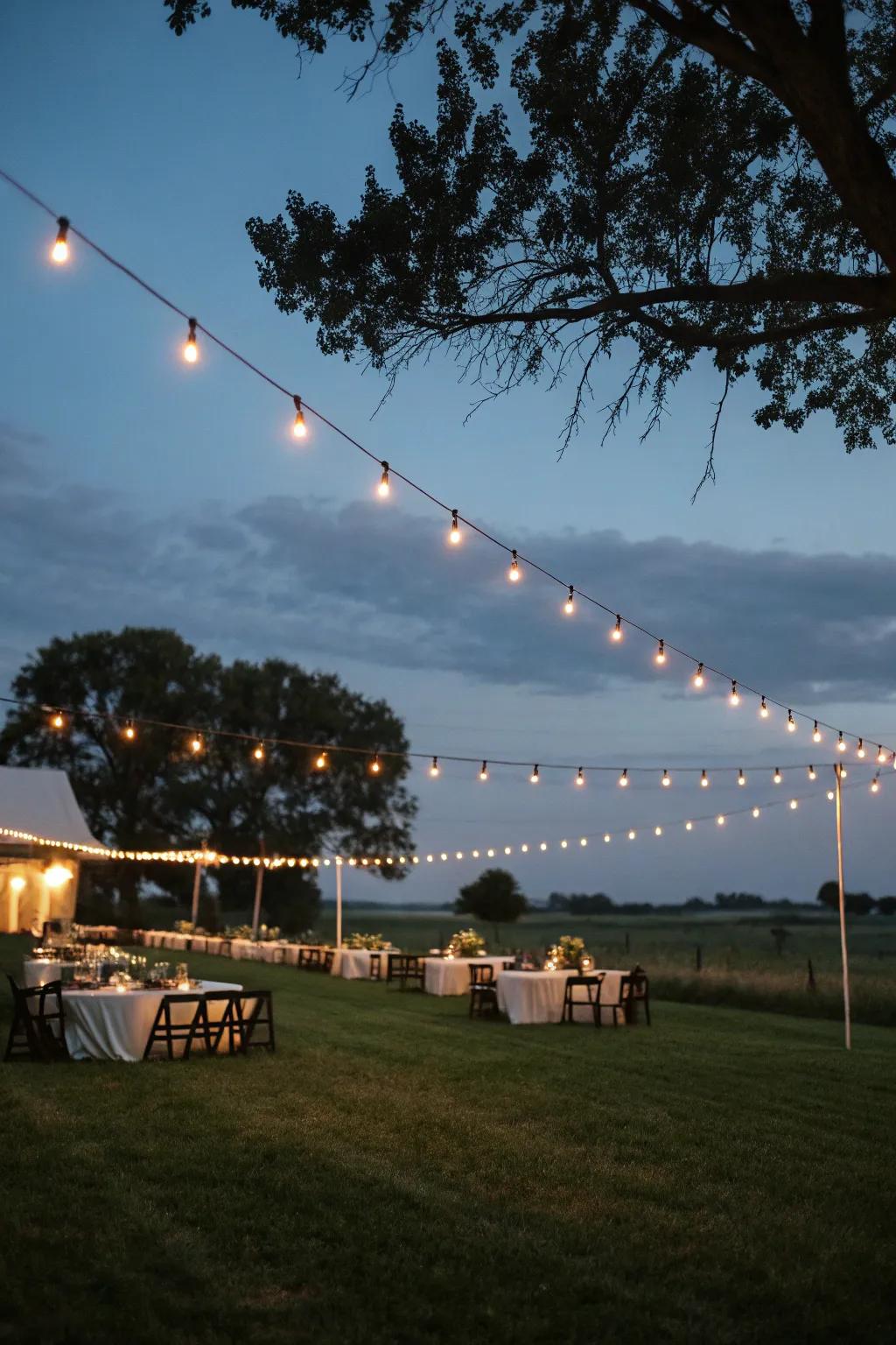 Pasture reception glowing with string lights.