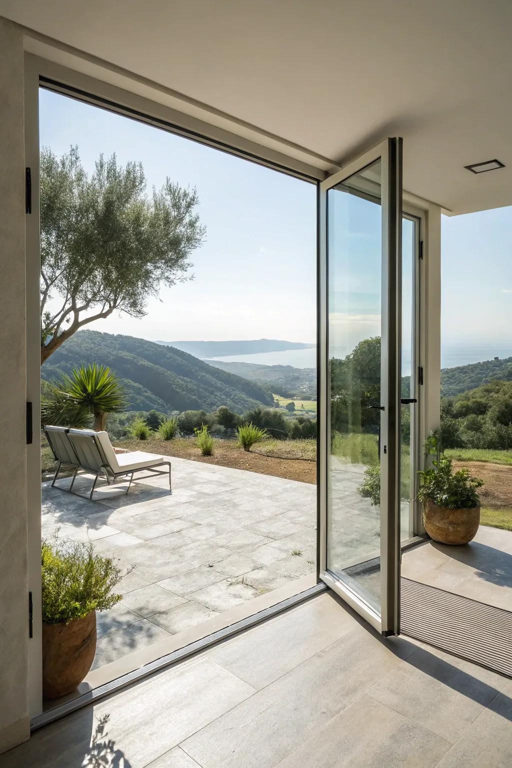 Frameless glass doors meld contemporary design with continuous perspectives.