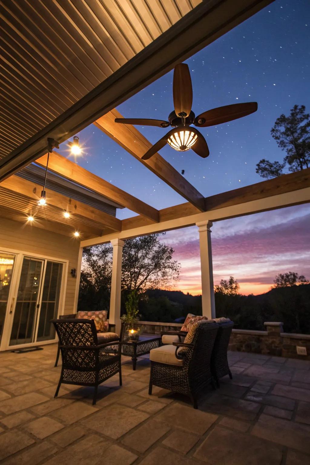 An inviting patio illuminated by a ceiling fan with integrated lighting.