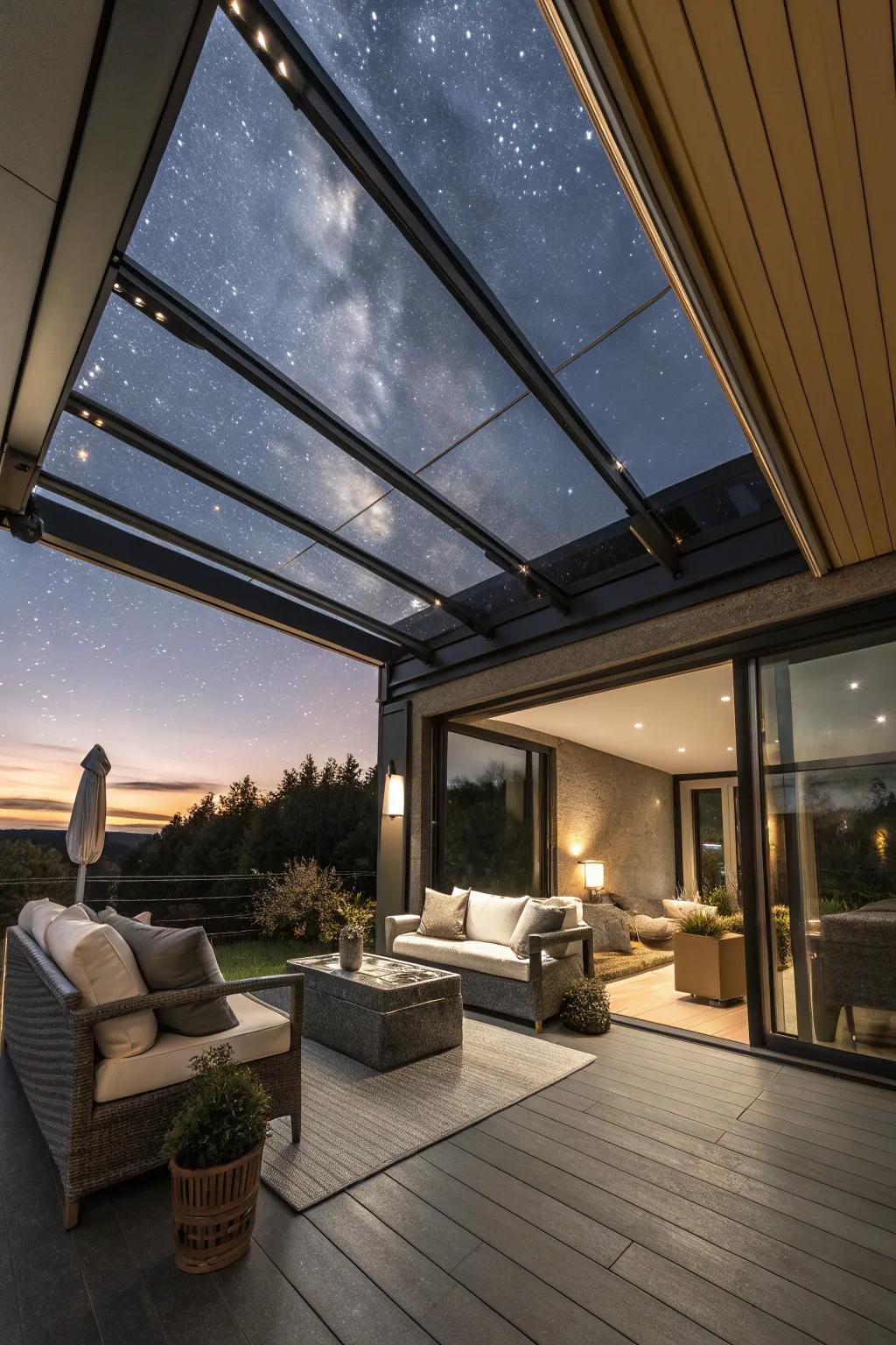 See the sky with roofs that open and skylights.