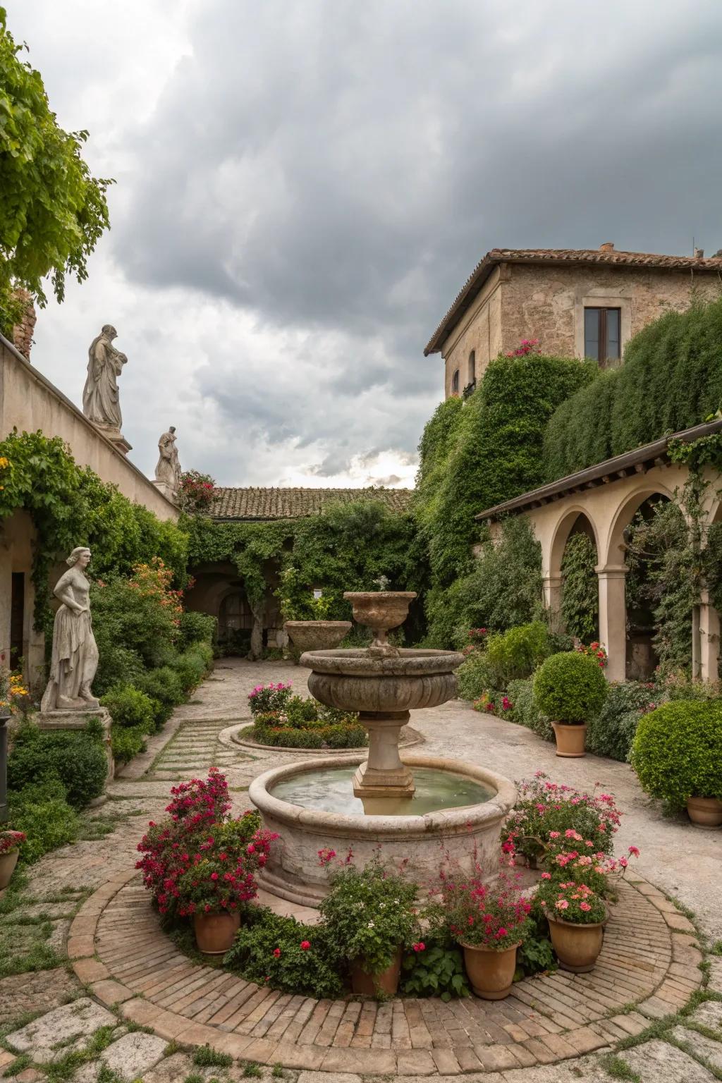 A fountain enriches the serene atmosphere of this courtyard.